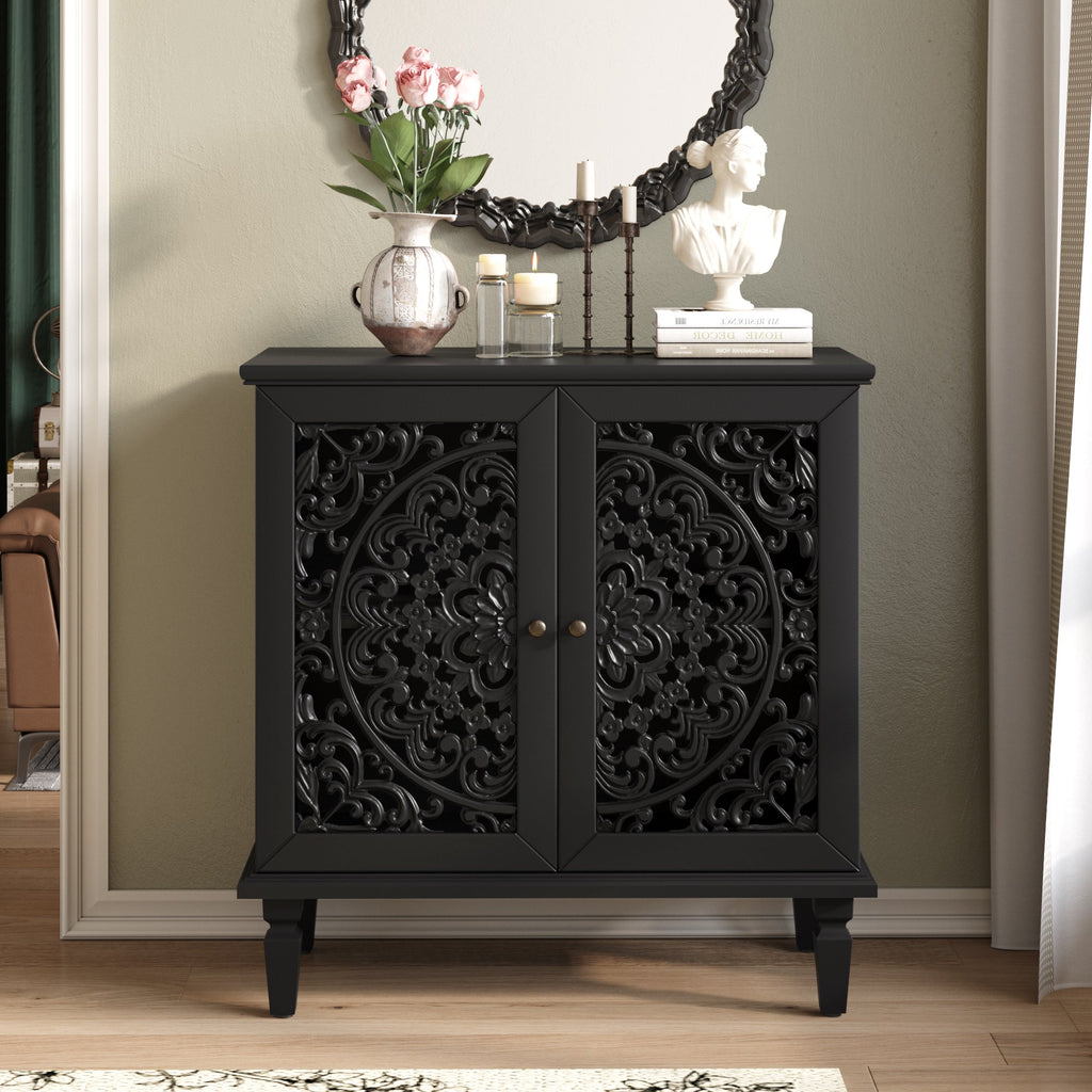 Vintage Hollow-Carved Accent Cabinet, 2-Door Display Storage Sideboard with Symmetrical Floral Design, Adjustable Shelf and Solid Wood Legs for Living Room Entryway(Antique Green)