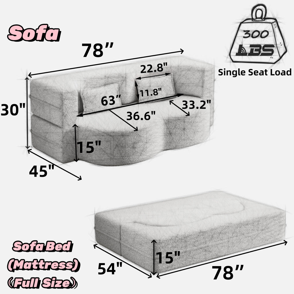 Modern Floor Sofa with 2 Pillows, Convertible Plush Corduroy Foam-Filled Sleeper Sofa Bed,15 ' Full Size Folding Mattress for Living Room, Guest Bed, no assembly required, Light Grey