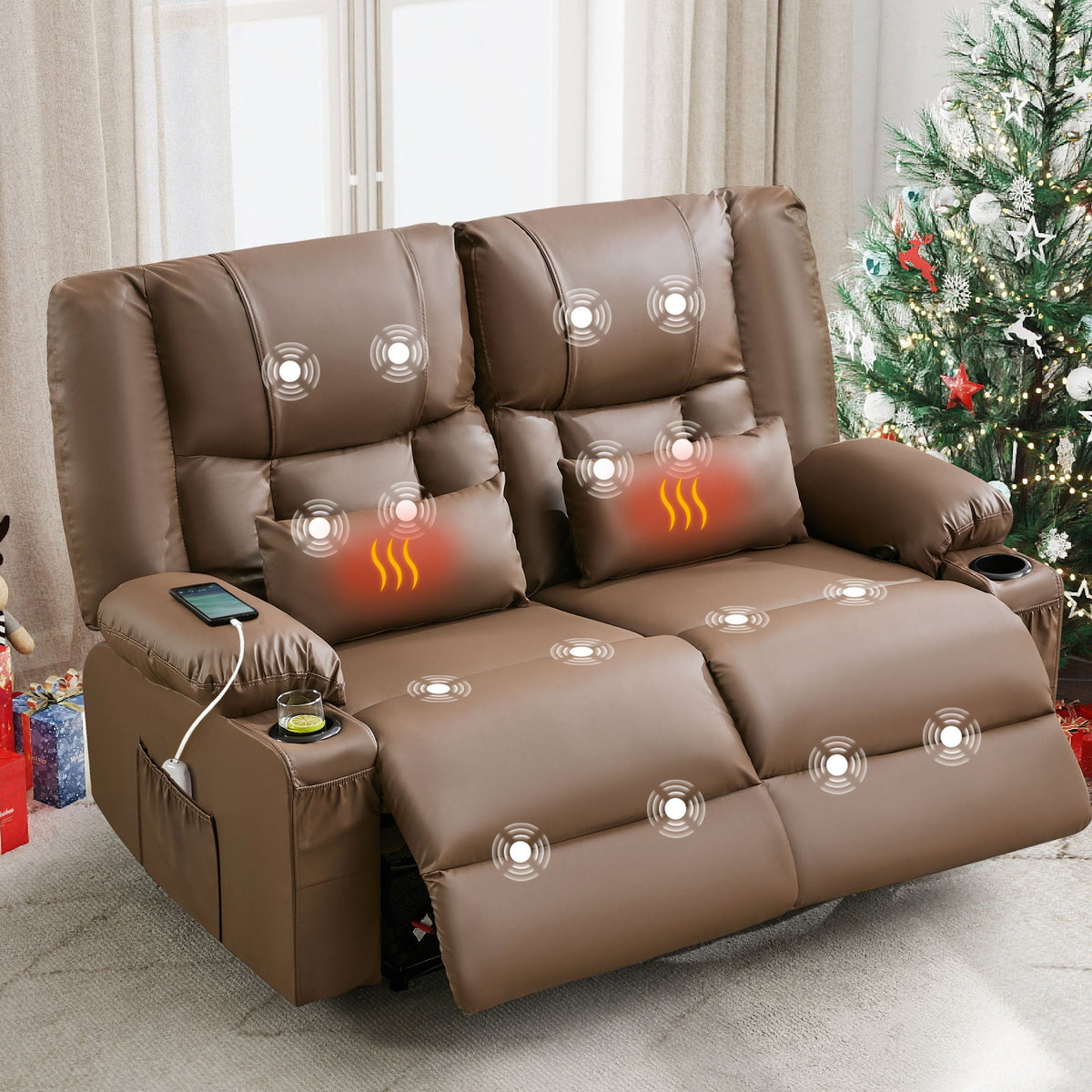 Recliner Loveseat with Massage and Heating for Living Room,Love Seat Manual Oversized Recliner with Cup Holders,Side Pocket for Adult,BLACK