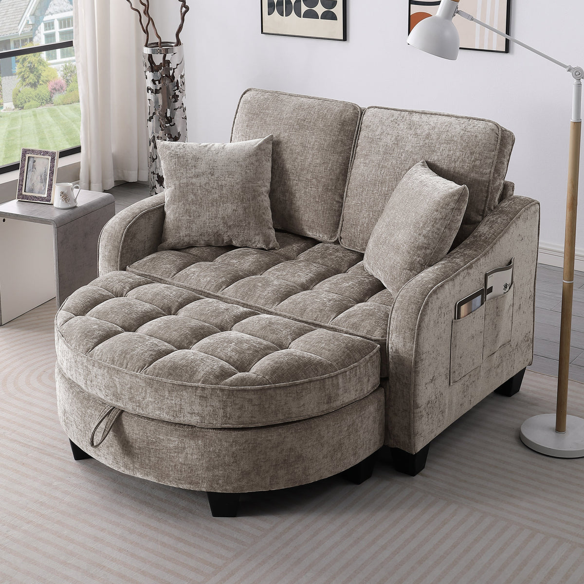 Two-seater sofa, double sofa chaise longue, with irregular armrests and backrests, footrest with storage space, comes with two small throw pillows, suitable for living room and bedroom -Blue