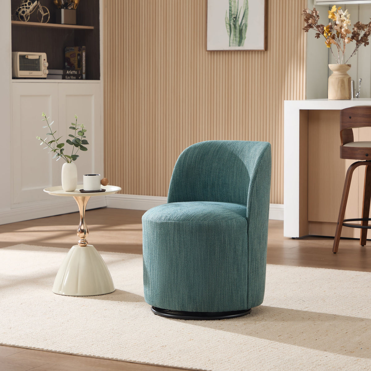 Set Of 1 Upholstered Kitchen & Dining Room Barrel Chair, Mid Century Modern Round Linen Dining Chair, 360 Degree Swivel Comfy Armless Accent Makeup Vanity Side Chair for Bedroom Living Room