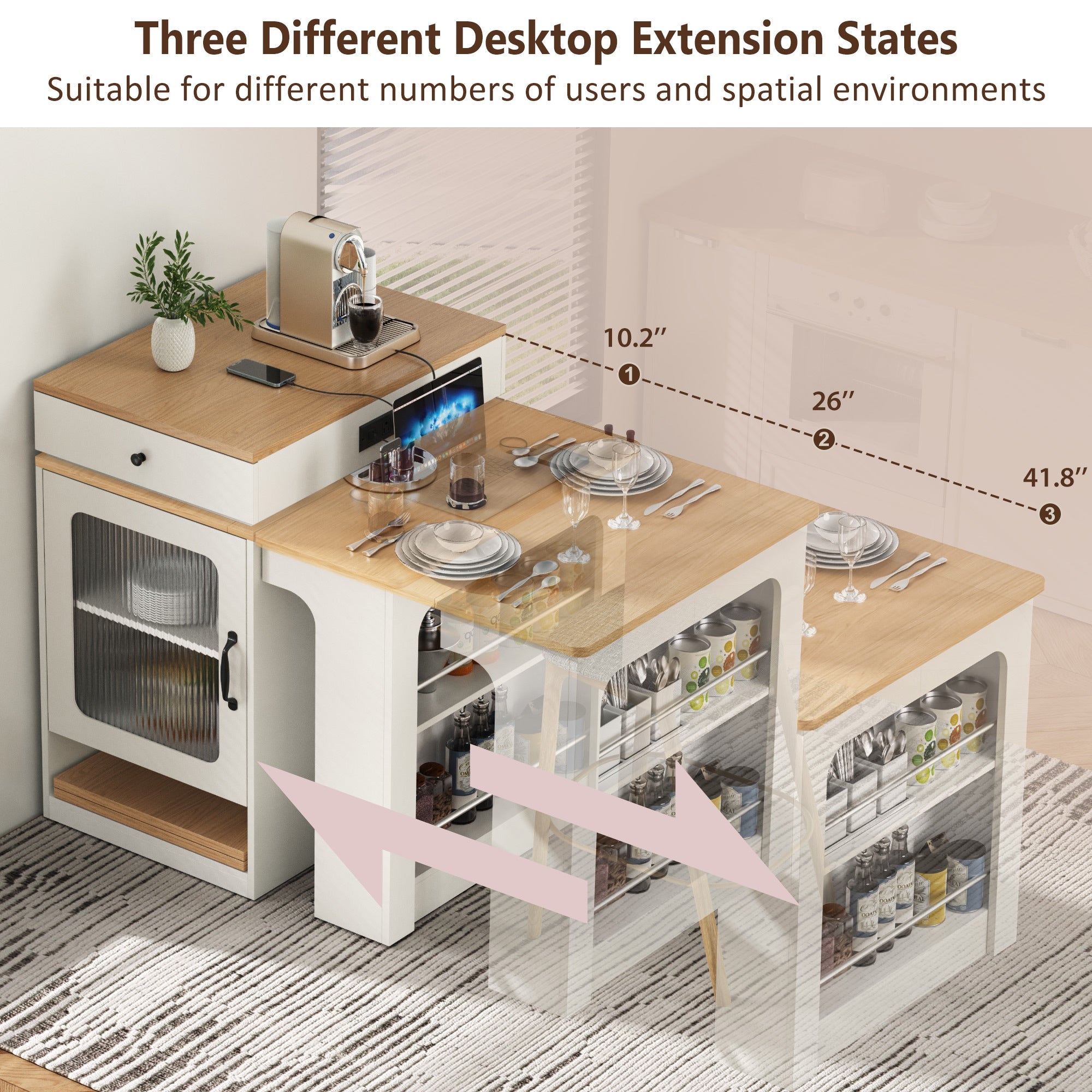 K&K 59.5' Kitchen Island with Extendable Dining Table, Kitchen Storage Table with Double-sided Storage, Kitchen Island with 2 Drawers, Power Outlet, Side Open Shelves, for Kitchen, Dining Room, Black