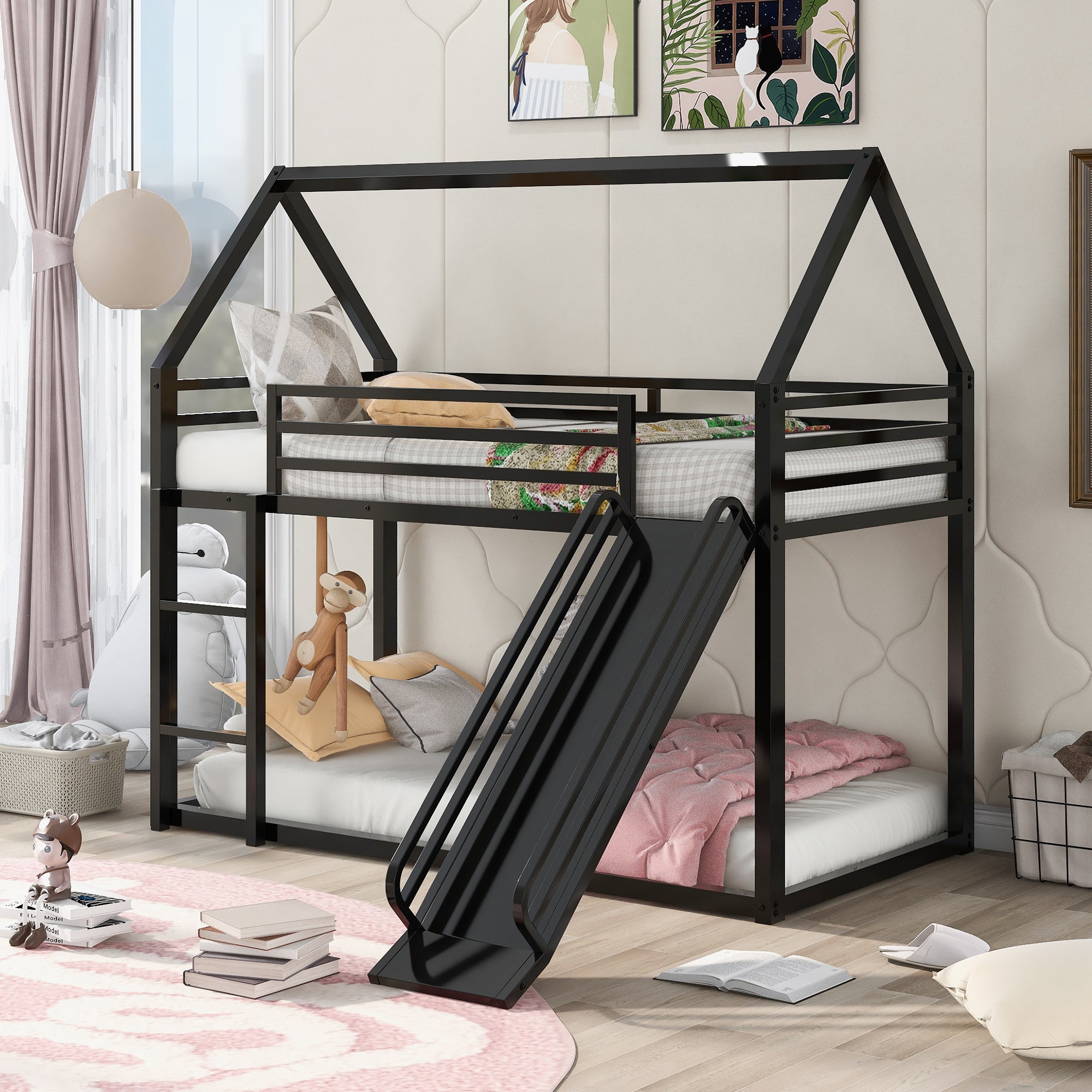 Twin-over-Twin House Bunk Bed with Slide & Ladder — Metal Frame