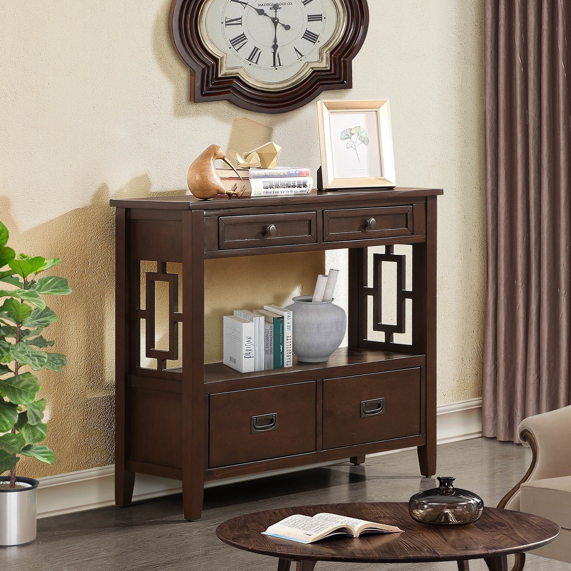 Pine wood console table light espresso — angle view