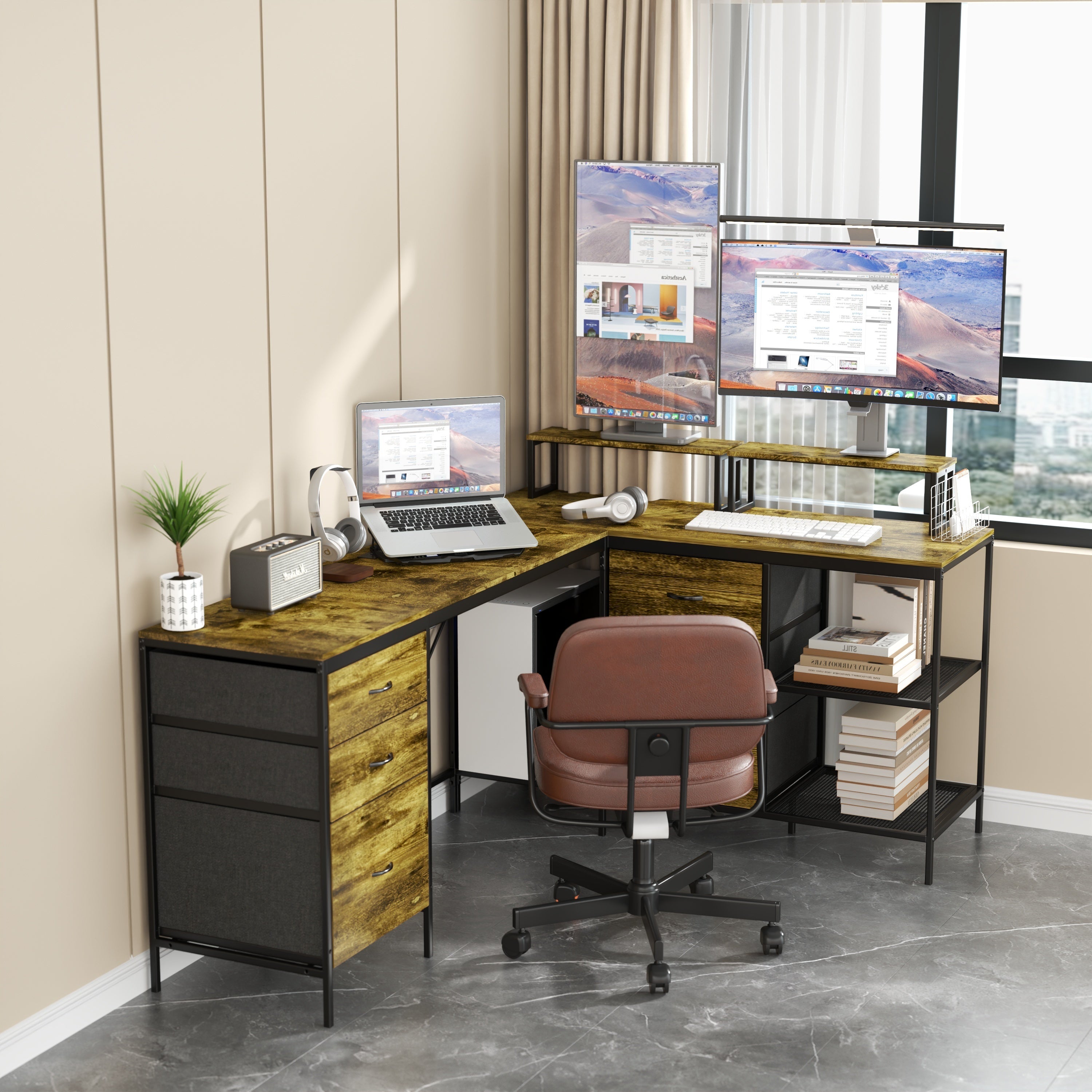 Rustic brown industrial L-shaped computer desk with power outlets and USB-C — product photo