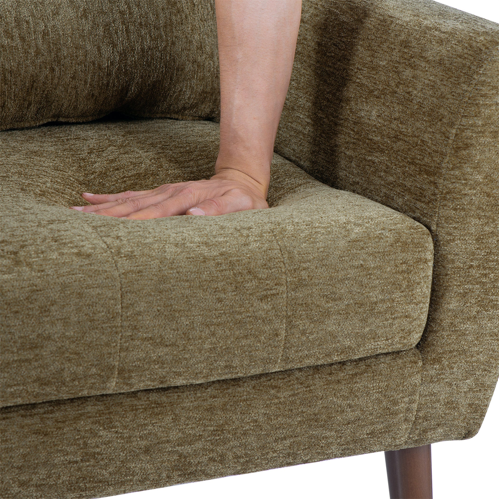 Olive green accent chair back and arms detail