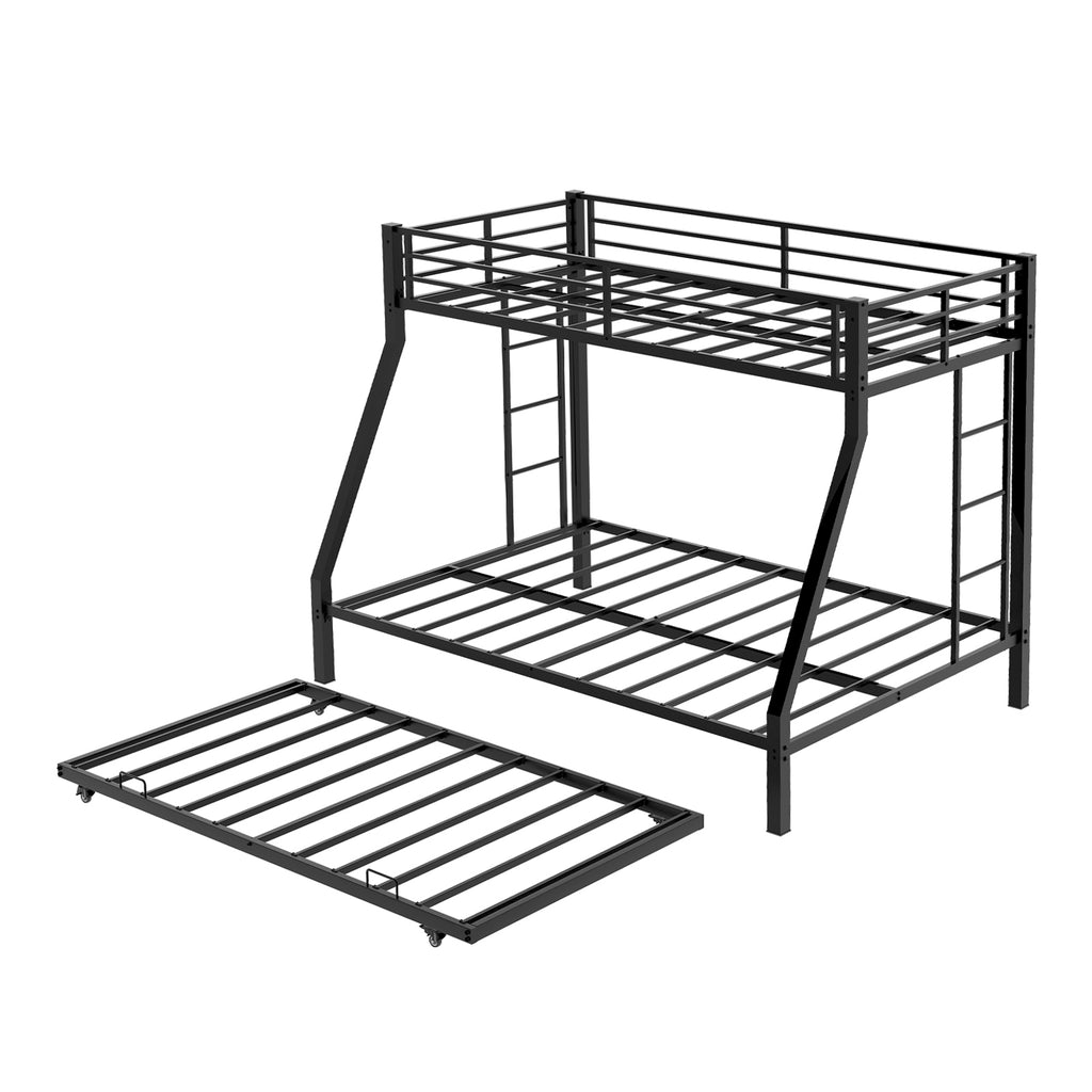 Modern Minimalist Square Tube Iron Bunk Bed with Ladder and Rolling Trundle, Full Size 137cm x 190cm, Black