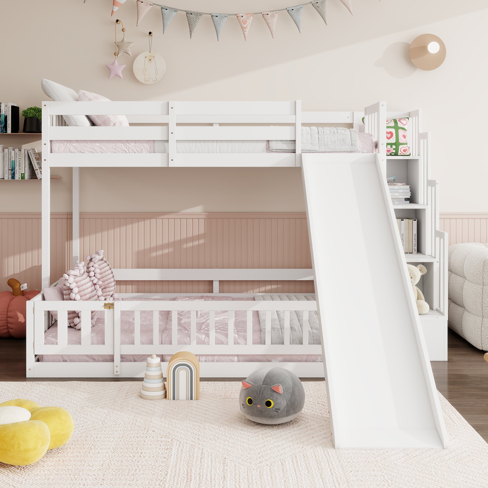 Twin Over Full Bunk Bed with Slide, Storage Staircase, Pine Solid Wooden Bunk Bed with Safety Guardrails ,Grey (Old Sku W504S00184)