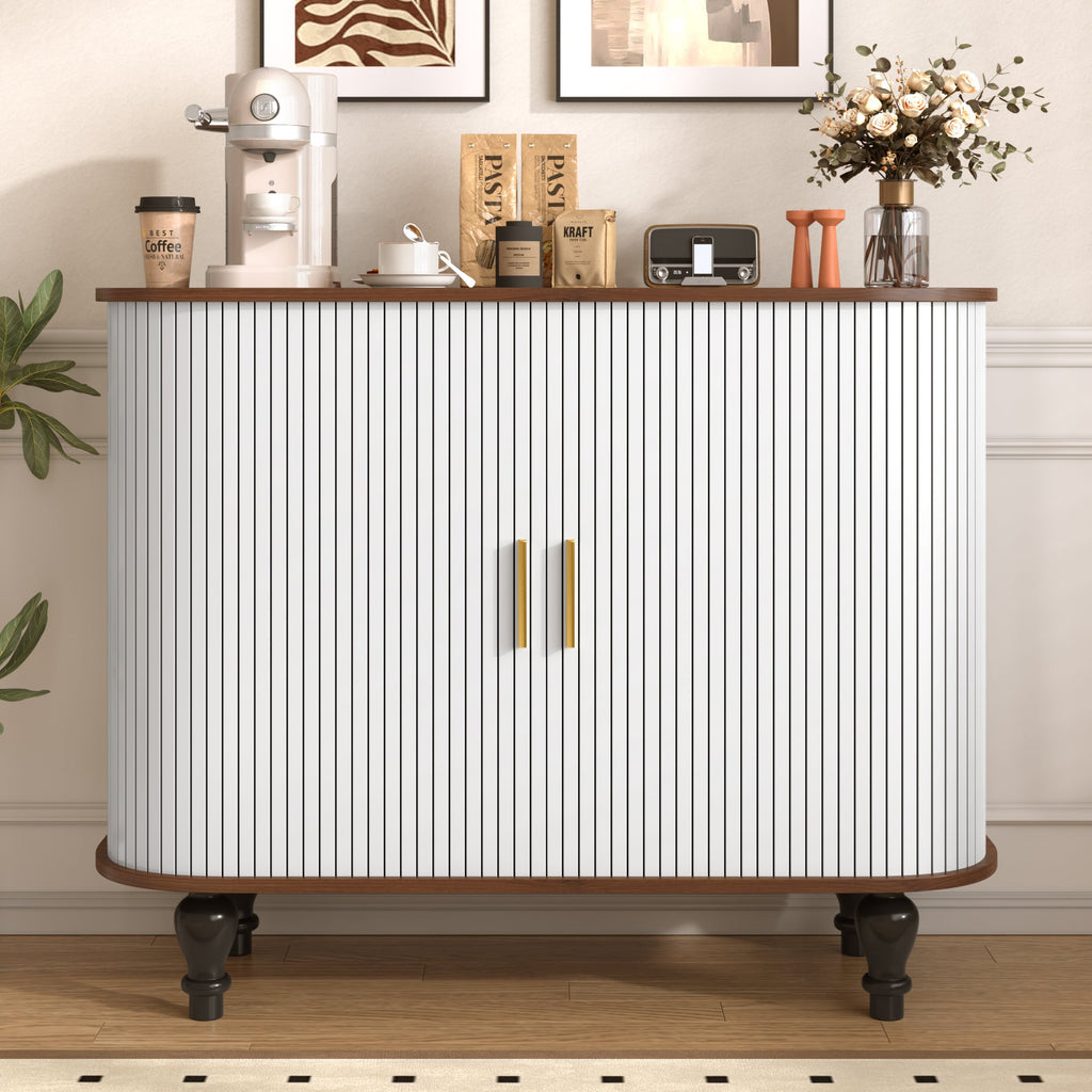 39' Fluted Liquor & Coffee Bar Cabinet with 6 Wine Racks and 3 Glass Holders, Mid-Century Modern Bar Cabinet with A Large Storage Drawer ,4 Hidden Storage Space on the Side , Black