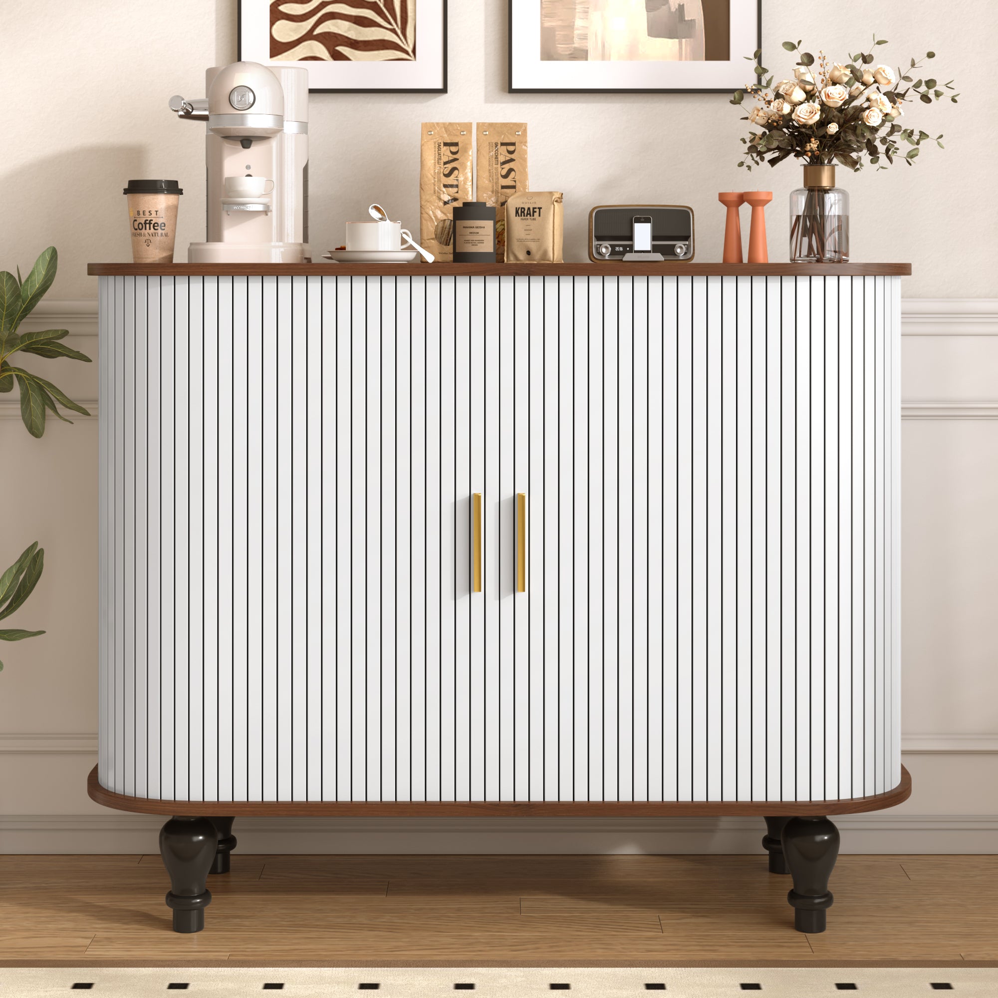 39' Fluted Liquor & Coffee Bar Cabinet with 6 Wine Racks and 3 Glass Holders, Mid-Century Modern Bar Cabinet with A Large Storage Drawer ,4 Hidden Storage Space on the Side , Black