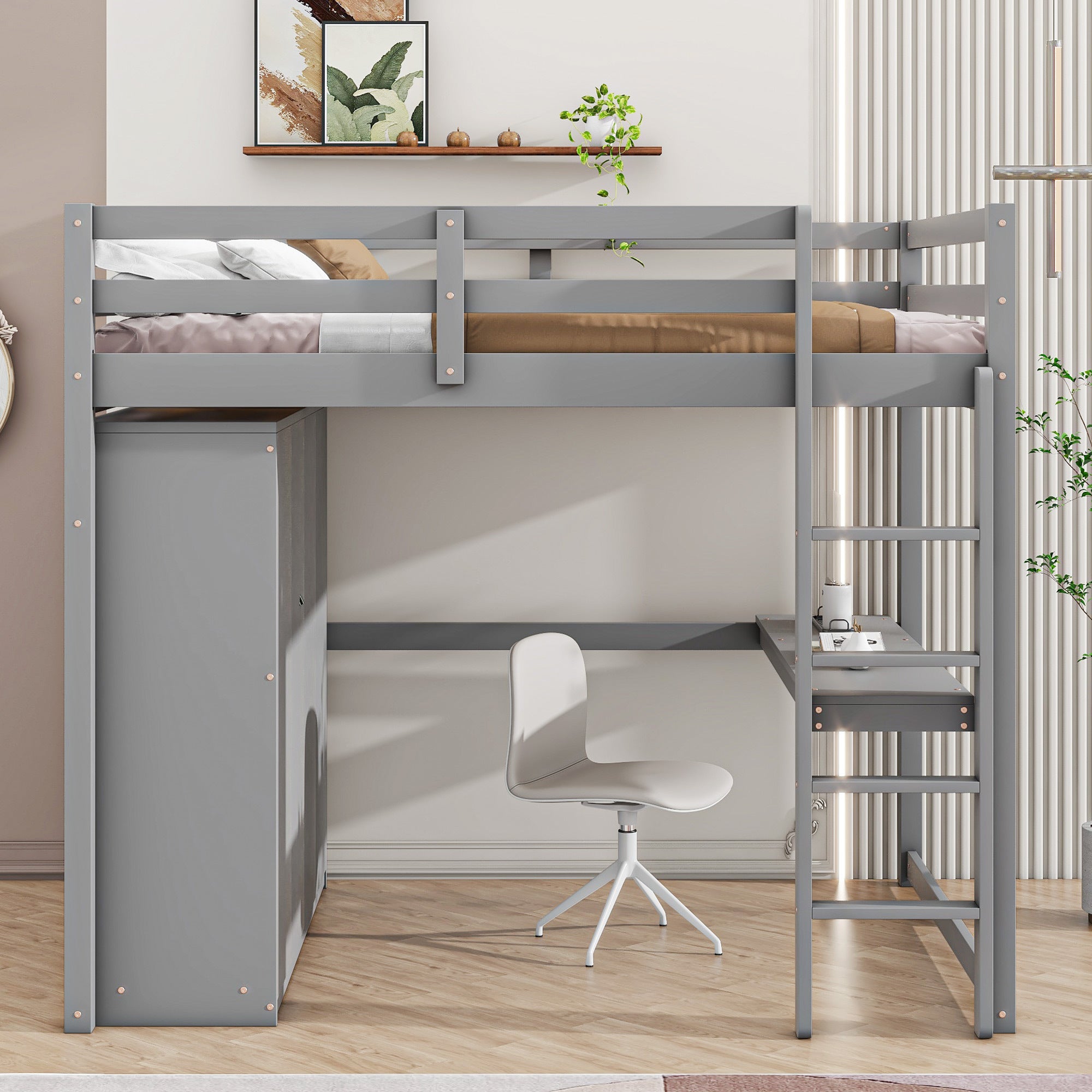 Full size loft bed upper bunk with guardrails