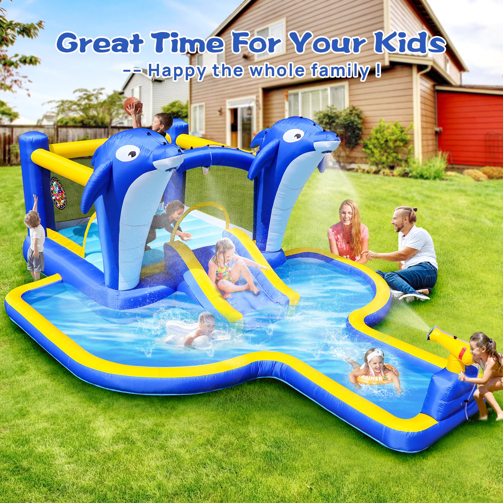 8-in-1 kids bounce house with water gun and sprinkler