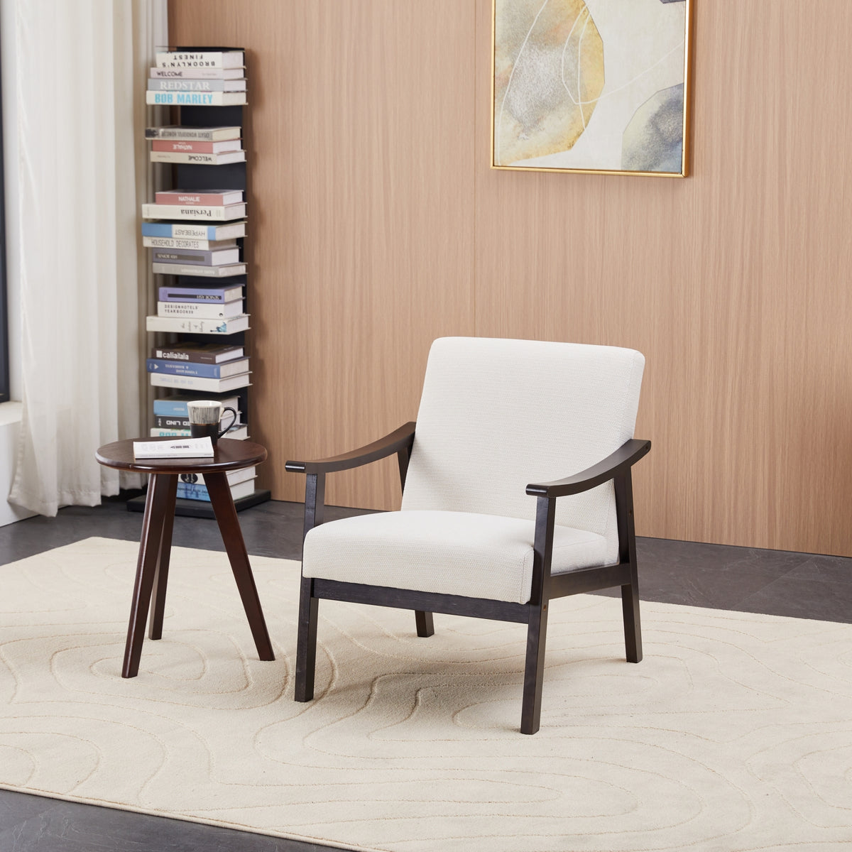 Medieval-inspired modern armchair with high back (Ancient White) upholstered chair, solid wood legs, leisure reading chair suitable for living room or bedroom.