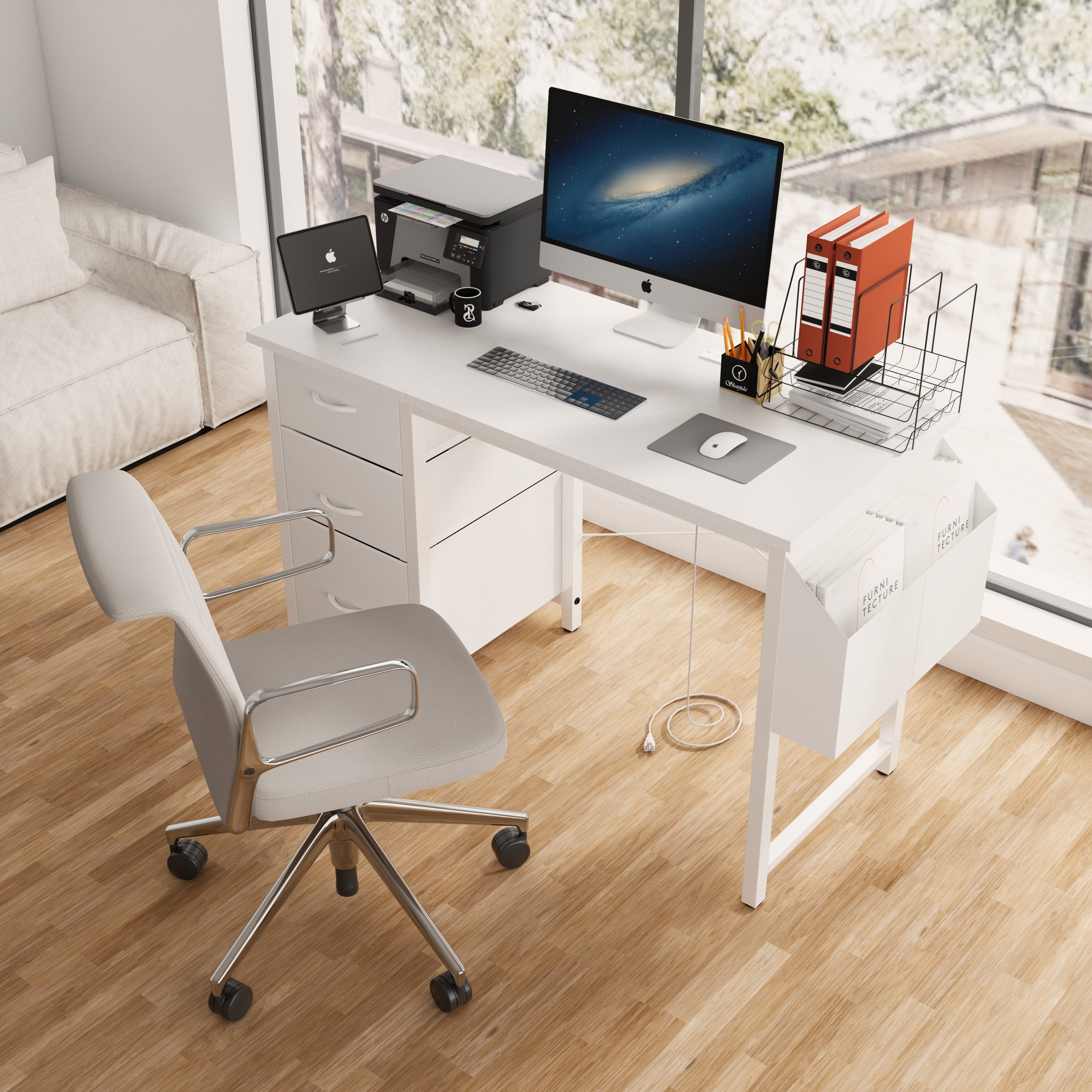 Office desk metal X-frame stability structure detail