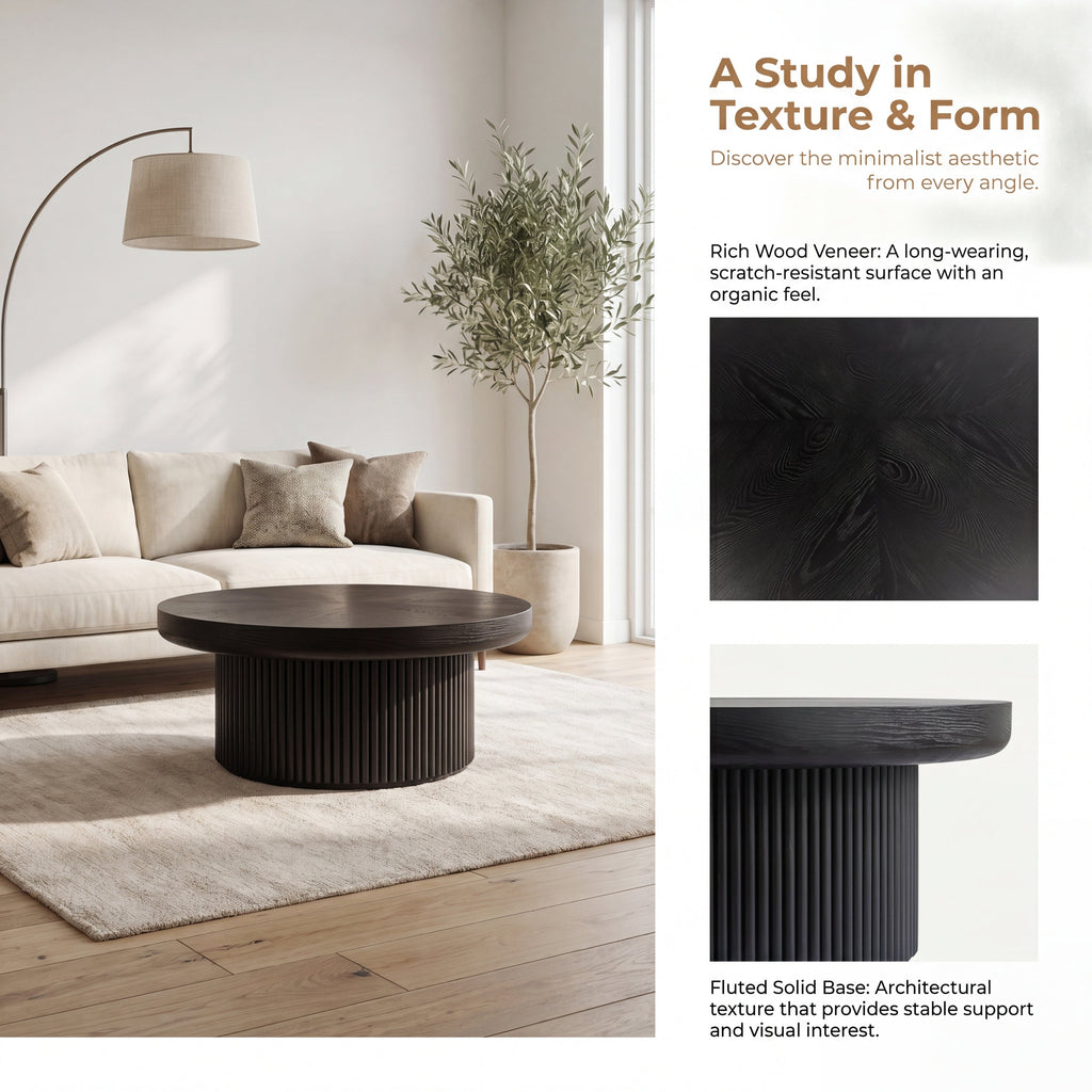 33.5'' Round Fluted Coffee Table with Real Wood Parquet Pattern Top & Cylindrical Base, Thickened Tabletop, Mid-Century Modern Circle Cocktail Table for Living Room, Small Space, Walnut