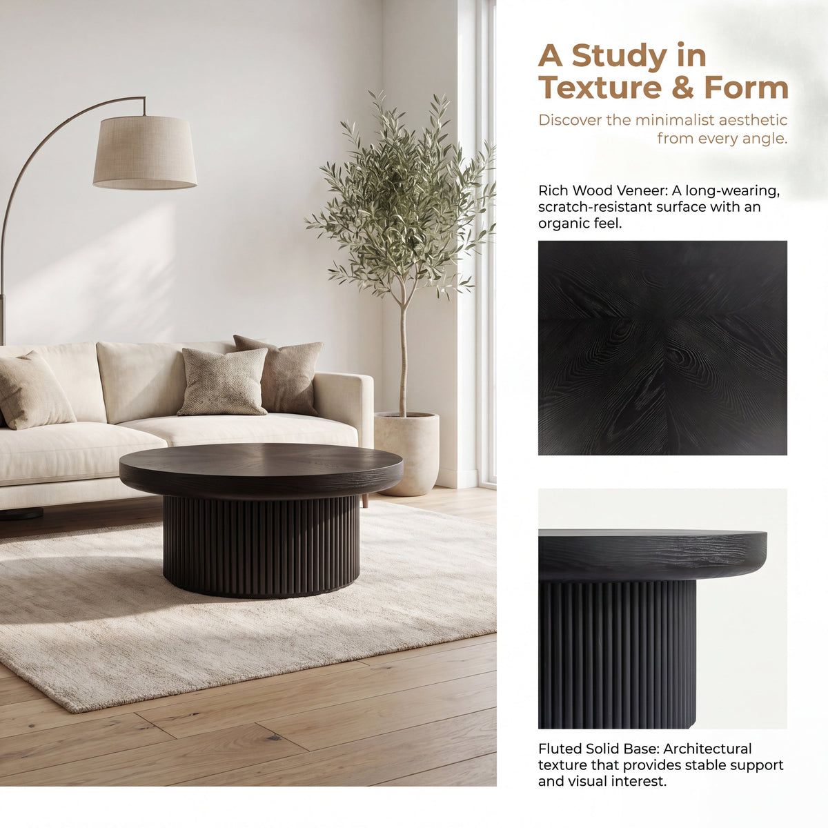33.5'' Round Fluted Coffee Table with Real Wood Parquet Pattern Top & Cylindrical Base, Thickened Tabletop, Mid-Century Modern Circle Cocktail Table for Living Room, Small Space, Walnut