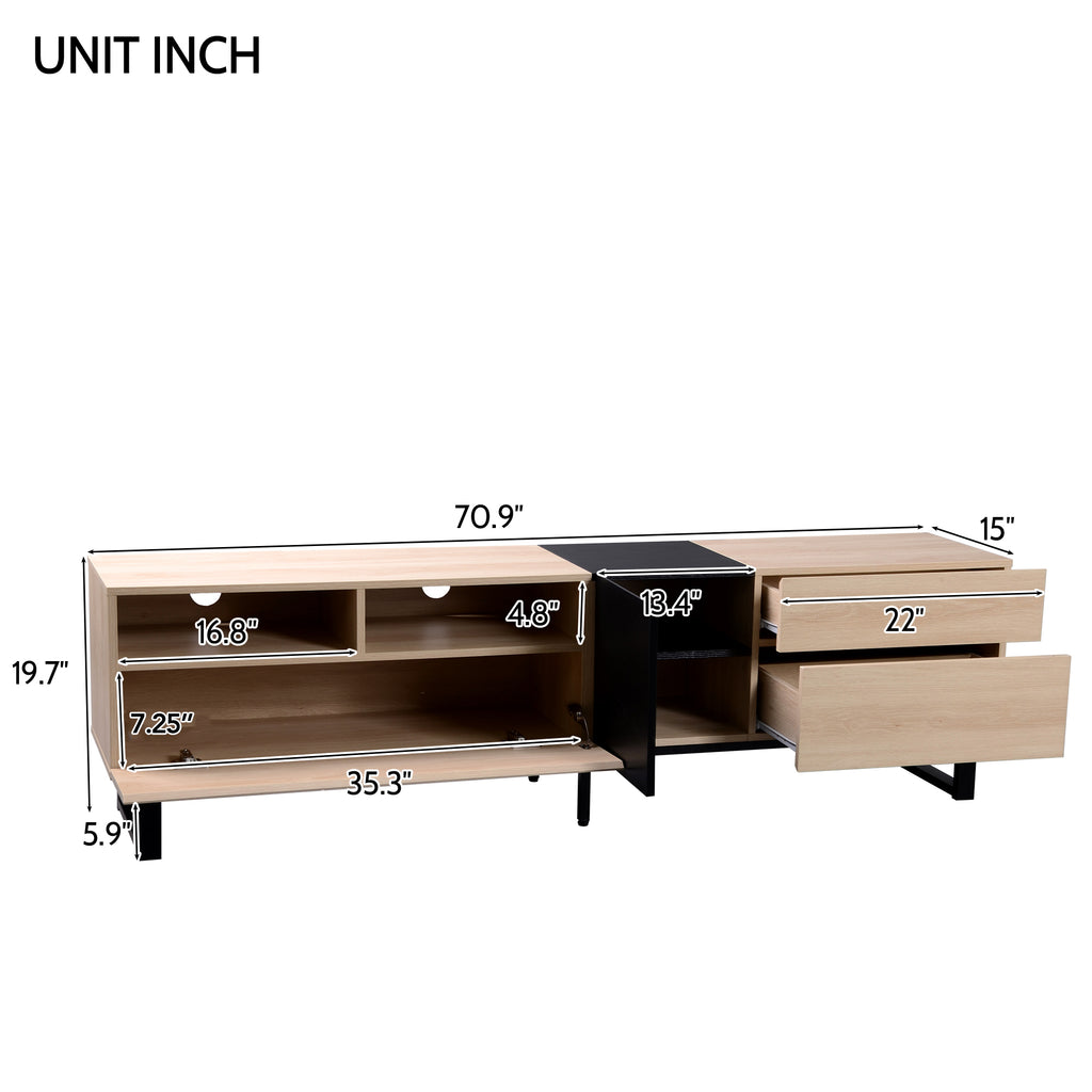 Natural wood TV stand with storage drawers angle view