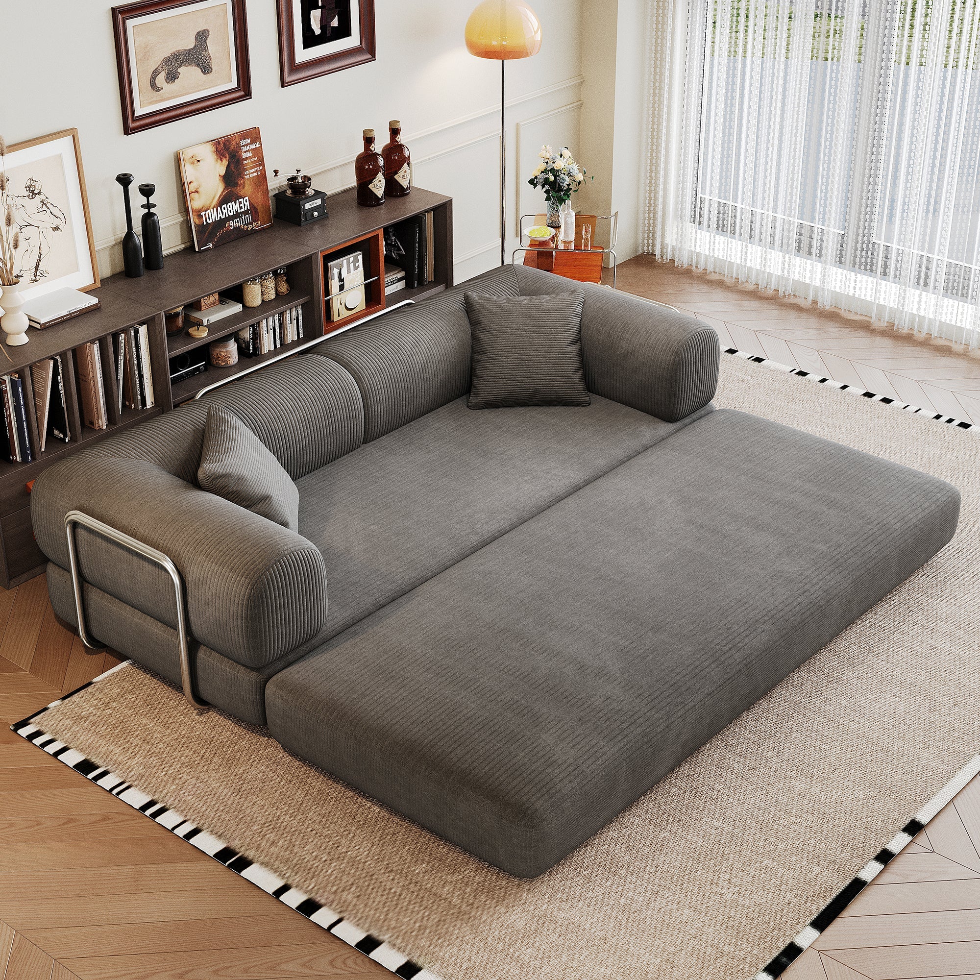 Corduroy Compression Convertible Floor Sofa Bed — Modular Loveseat, 78.8" Wide