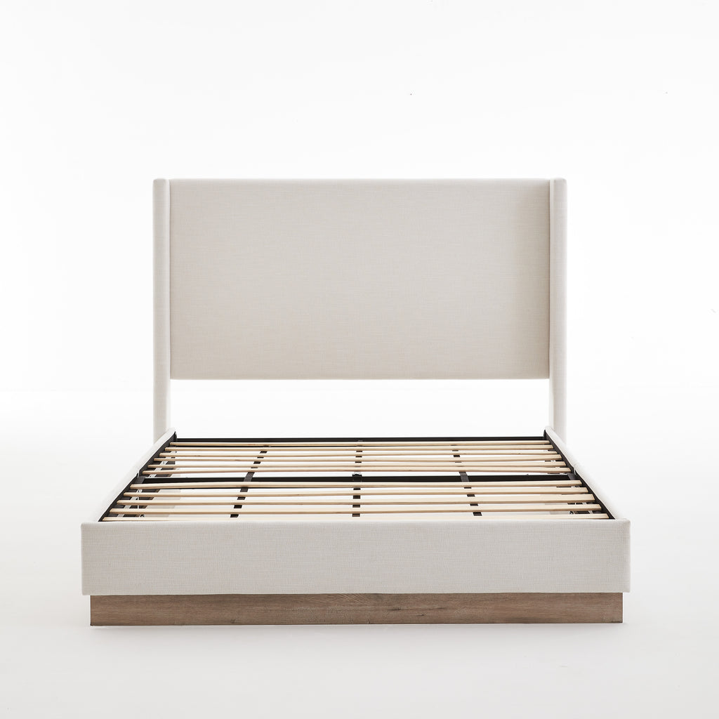 Hosford Minimalist Upholstered Wingback Bed with Wood Base Platform - Textured Ivory Canvas, Light Grey Camel Oak, California King, No Box Spring Needed
