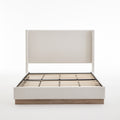 Hosford Minimalist Upholstered Wingback Bed with Wood Base Platform - Textured Ivory Canvas, Light Grey Camel Oak, California King, No Box Spring Needed
