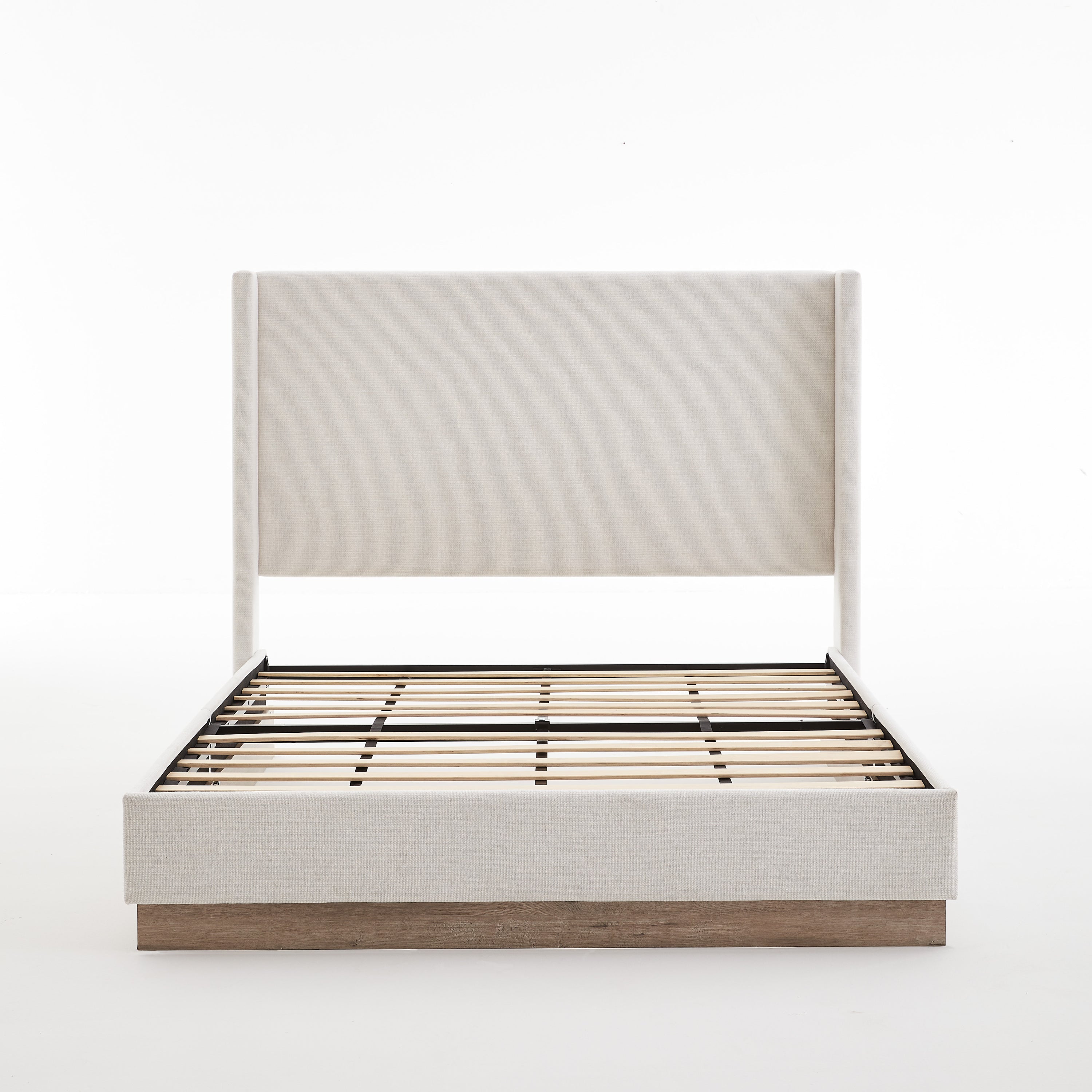 Hosford Minimalist Upholstered Wingback Bed with Wood Base Platform - Textured Ivory Canvas, Light Grey Camel Oak, California King, No Box Spring Needed