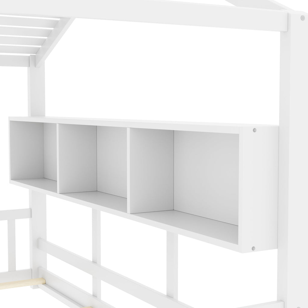 Full Size Floor House Bed for Toddler, Kids Montessori Bed with Storage Shelf, Playhouse Bed with Roof Design, Gray