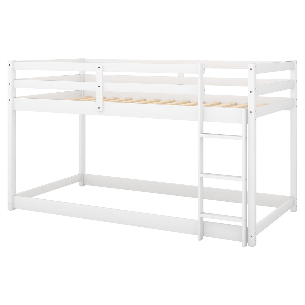 Twin-over-twin floor bunk bed in kids bedroom setting