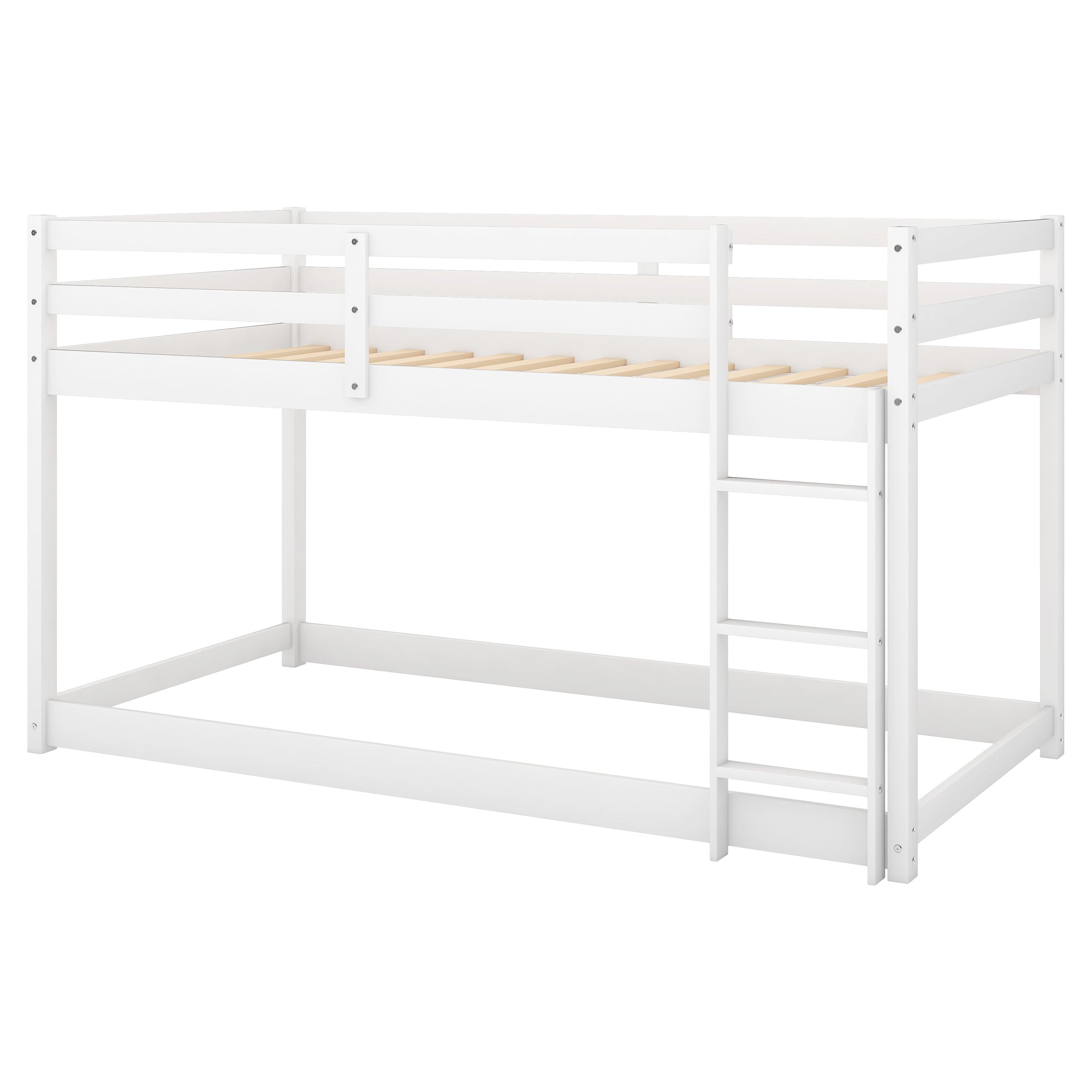 Twin-over-twin floor bunk bed in kids bedroom setting