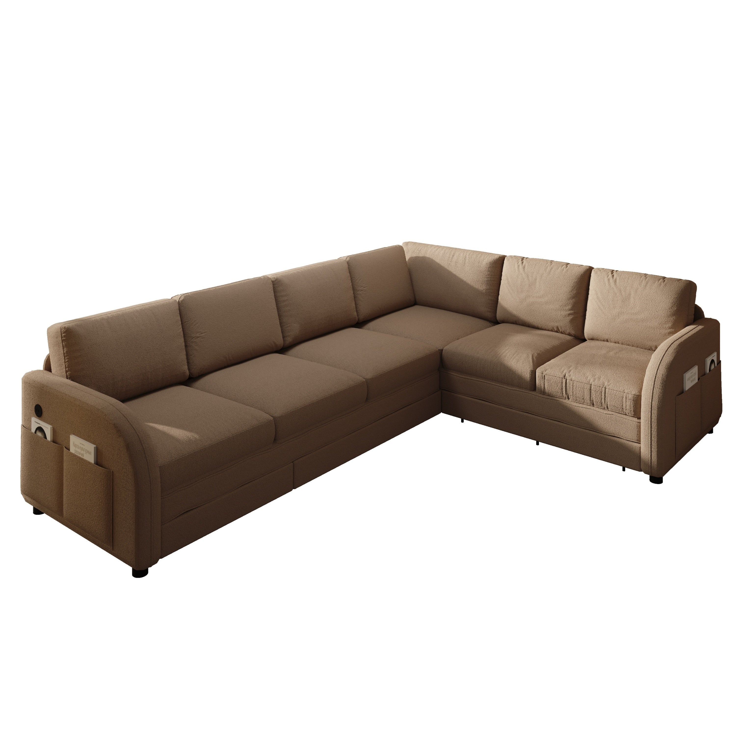 115.2' L-Shaped Sofa Couch with Pull-Out Bed,Oversize Convertible Sleeper Sofa with side Pocket & USB Port,Teddy Upholstered Sectional Couches with Convert Left/Right Facing, Light Grey