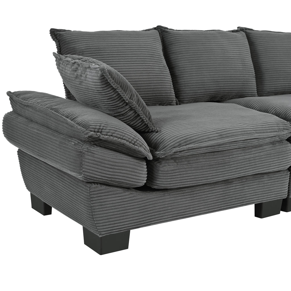 Gray corduroy sofa seat and back cushion close-up