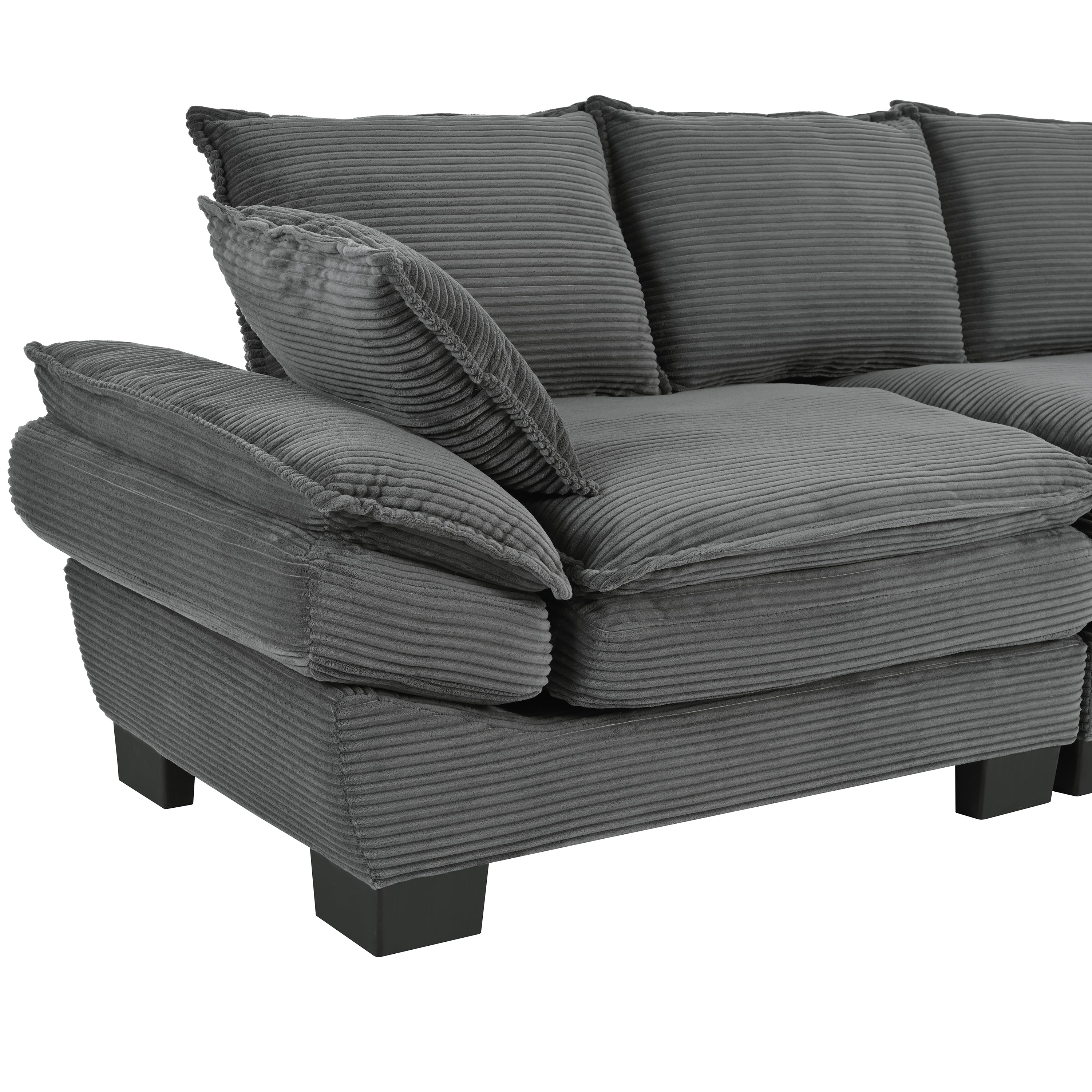 Gray corduroy sofa seat and back cushion close-up