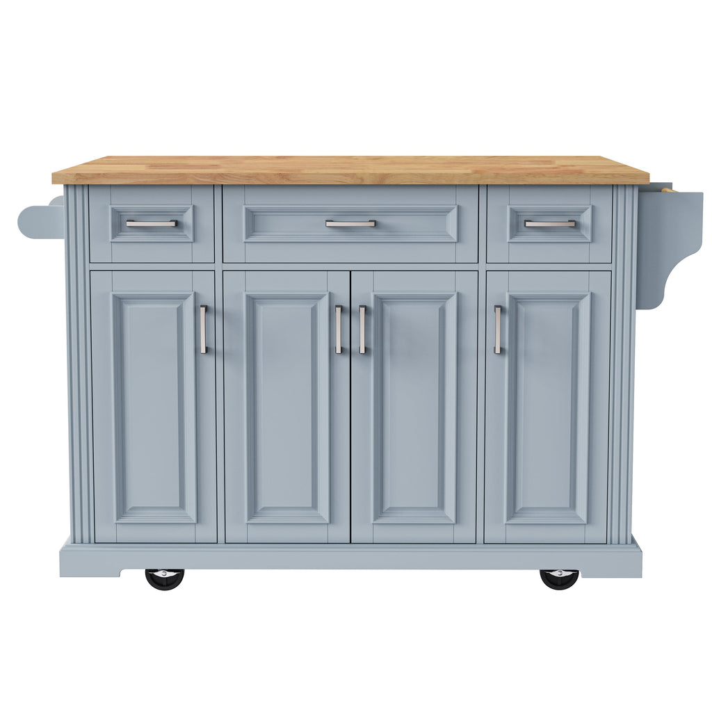K&K 54inch Large Kitchen Island with Rubber Wood Drop Leaf, Embossed Texture Rolling Kitchen Cart on 4 Wheels with 4 Doors and 3 Drawers, Kitchen Island with Storage for Kitchen, Dining Room,Black