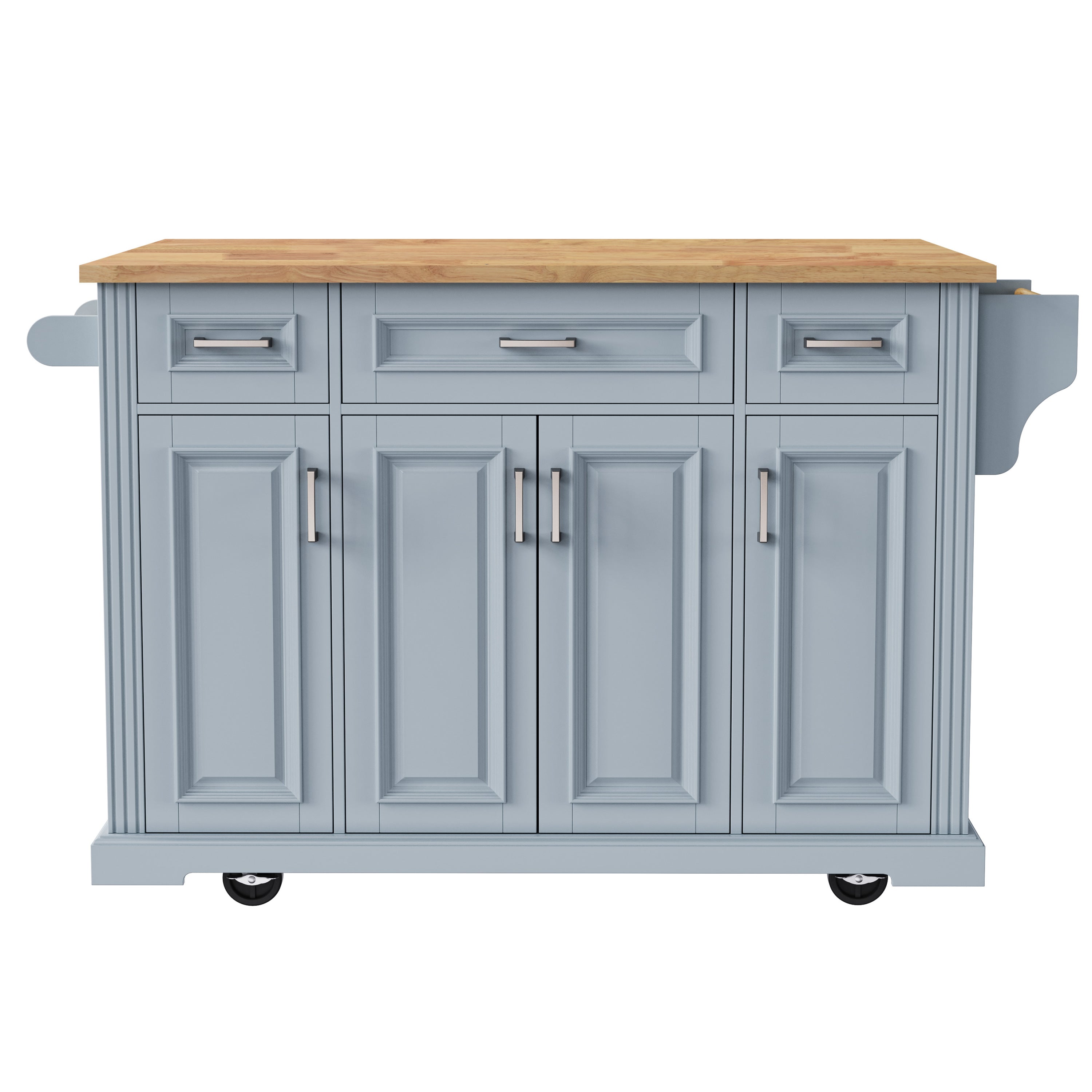 K&K 54inch Large Kitchen Island with Rubber Wood Drop Leaf, Embossed Texture Rolling Kitchen Cart on 4 Wheels with 4 Doors and 3 Drawers, Kitchen Island with Storage for Kitchen, Dining Room,Black