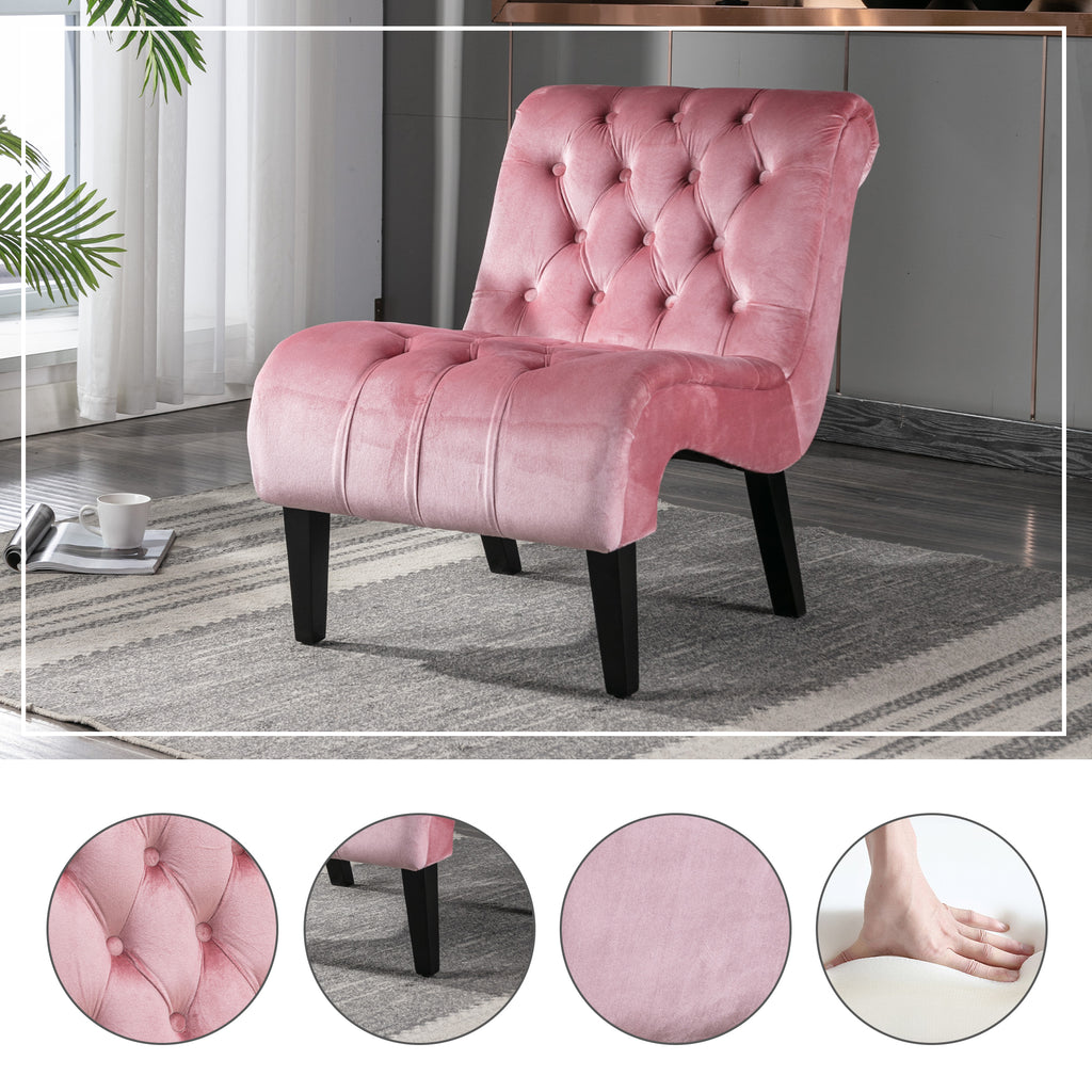 Pink velvet armless accent chair — front view
