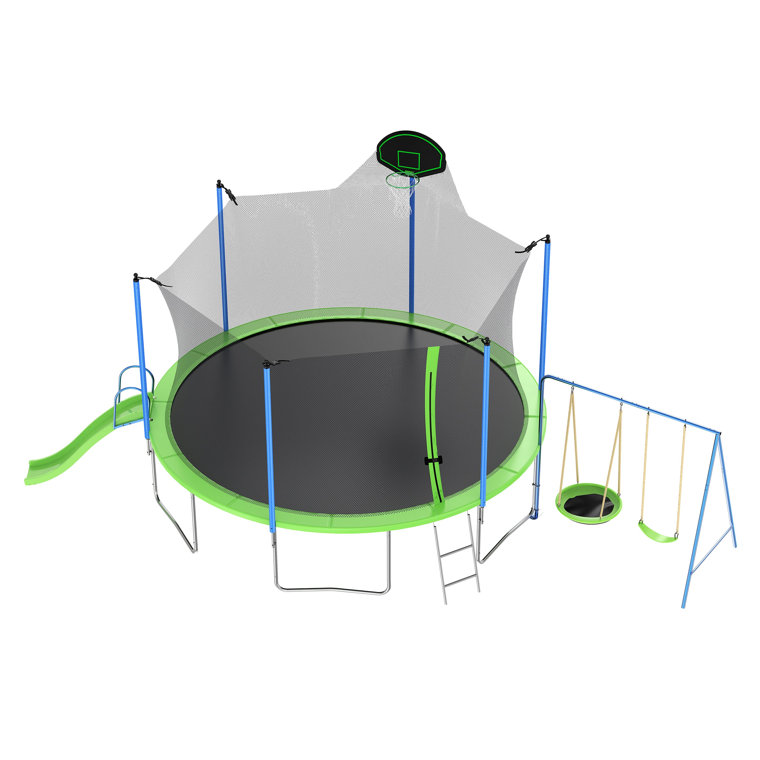 Basketball backboard with triangle net on trampoline enclosure