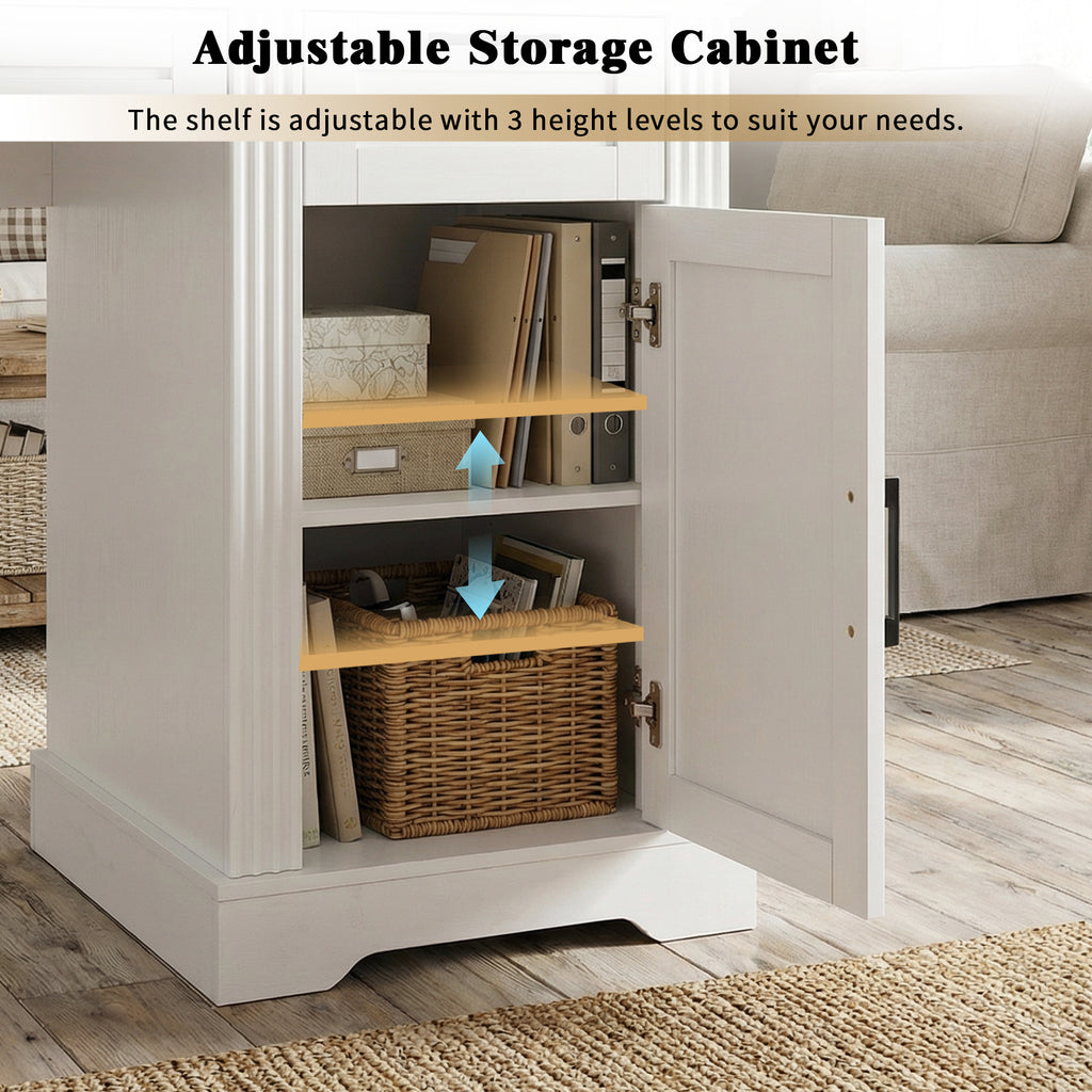 White desk drawer and cabinet soft-close hinge detail