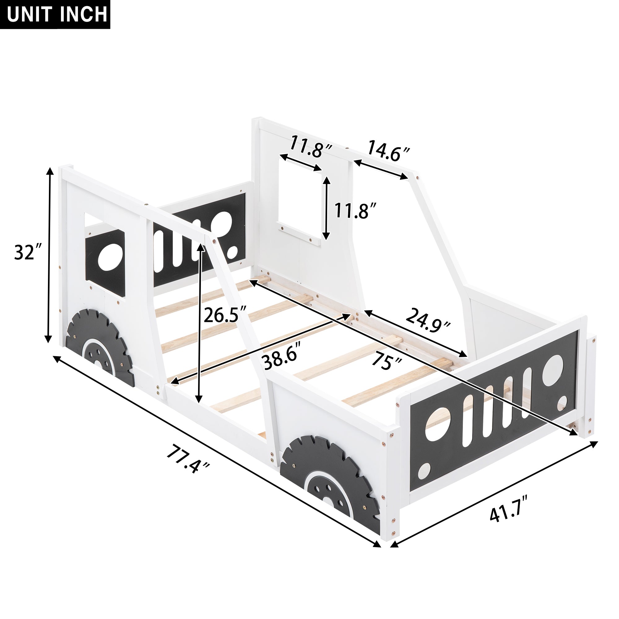 Twin size car bed with decorative wheels and side doors