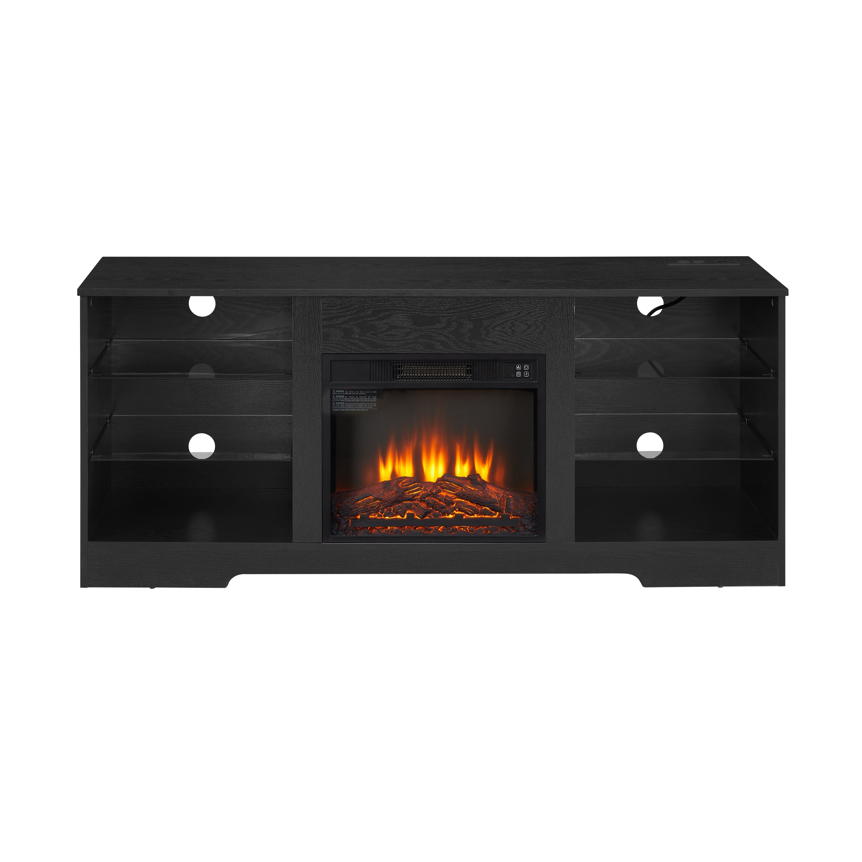 TV Stand with Electric Fireplace — Glass Shelves & USB Outlets for TVs Up to 62"