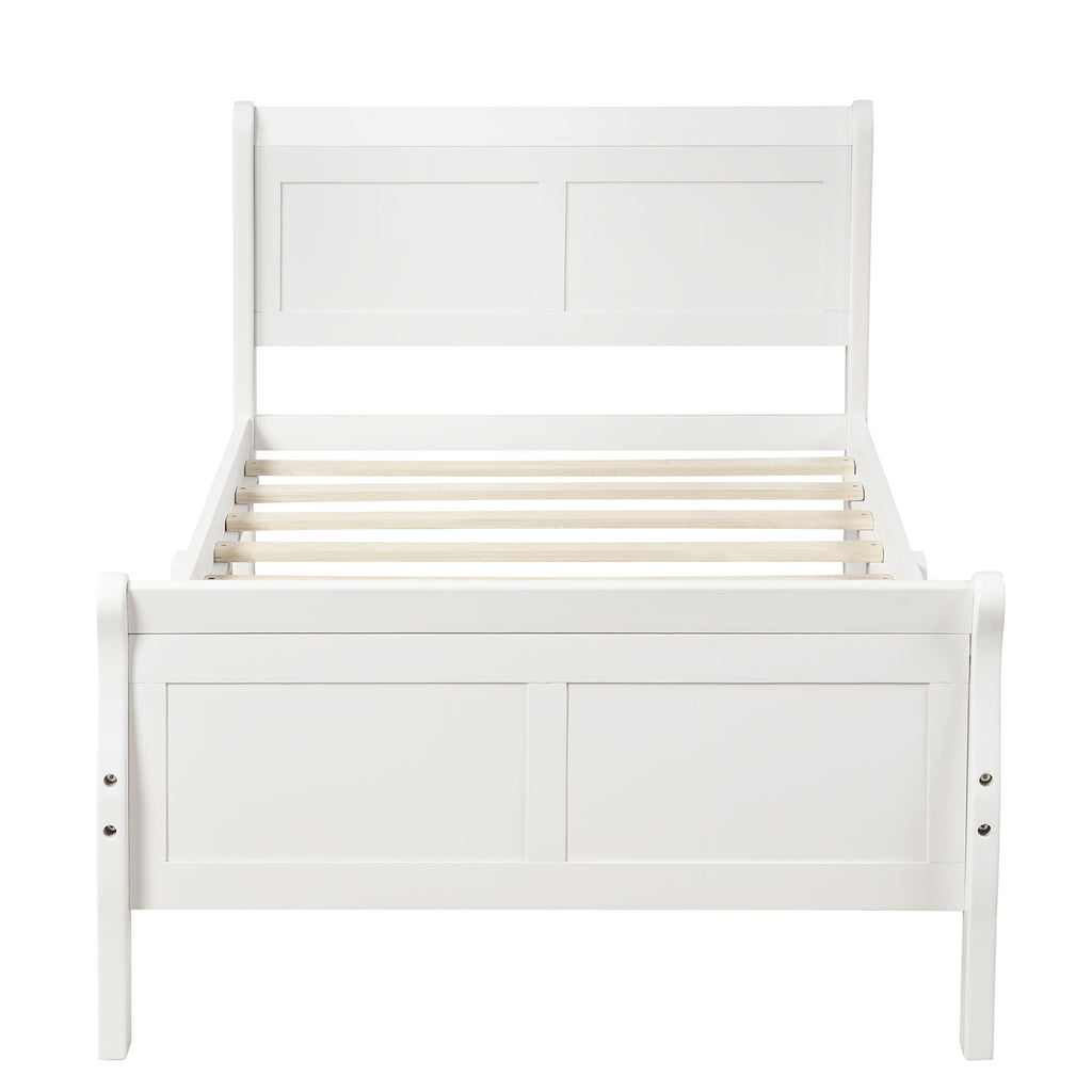 White sleigh bed wood slat mattress support — no box spring