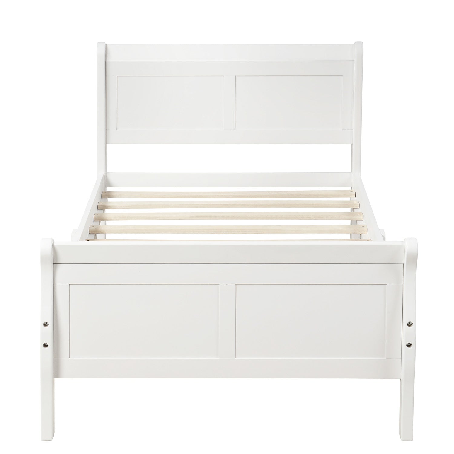 White sleigh bed wood slat mattress support — no box spring
