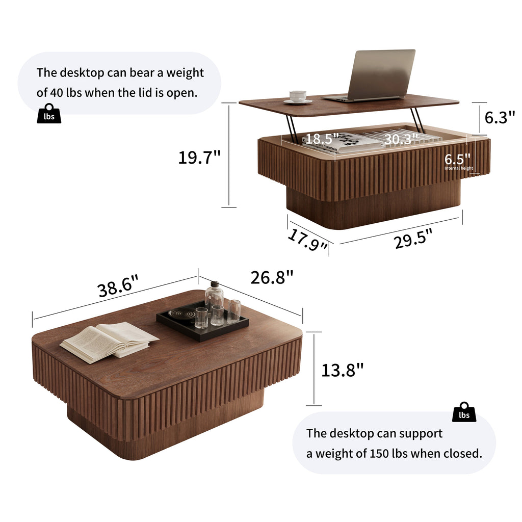 38.6'' Fluted Lift-top Coffee Table Solid Wood Veneered Modern Coffee Table Accent Tea Table with Storage and Adjustable Height for Living Room, Bedroom, Apartment or Office, Grey