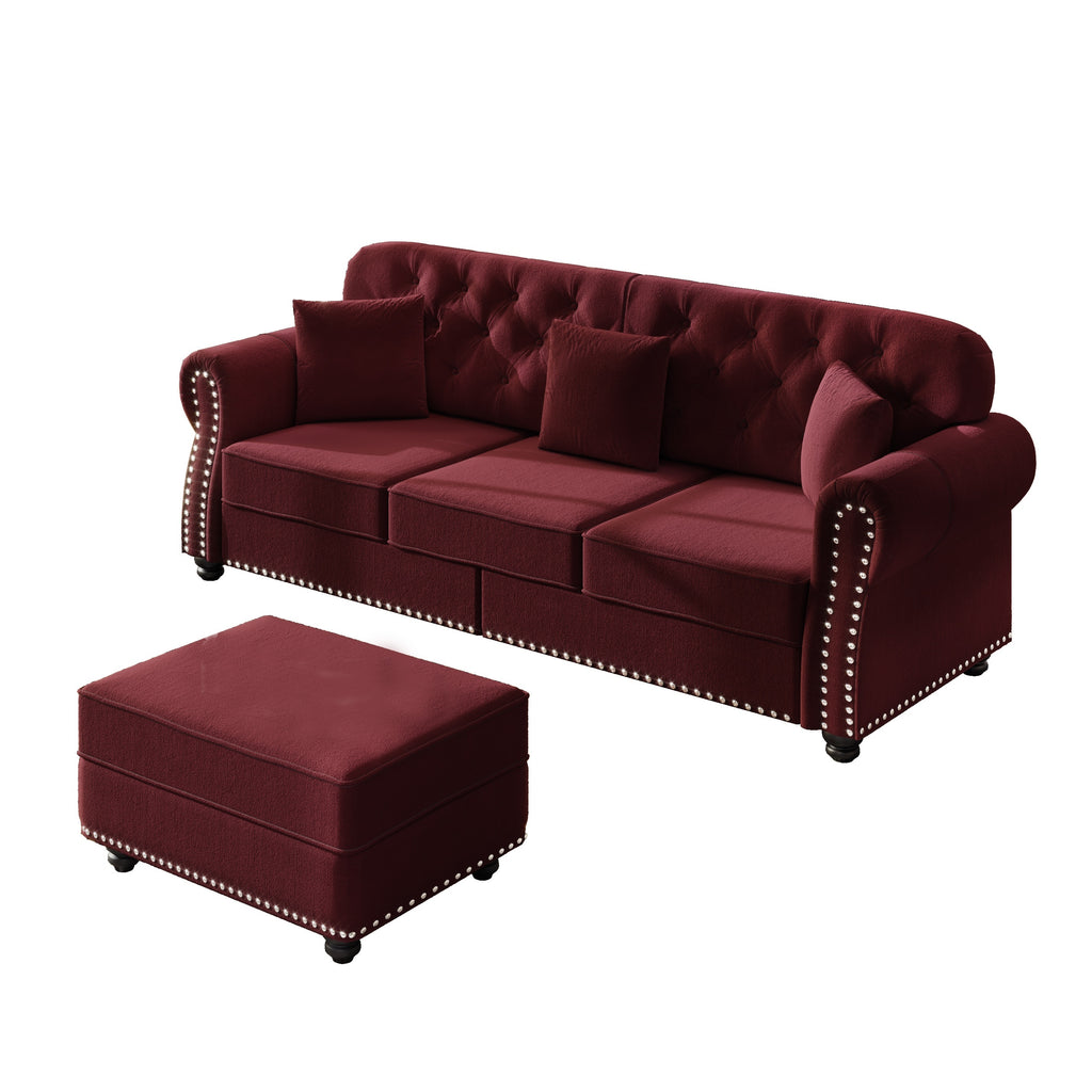 82.6'Upholstered Velvet Sofa with Nailhead Trim and Rolled Armrests,Mid-Century Modern Chesterfield Sofa with Button Tufted,Includes 3 Pillows,Burgundy
