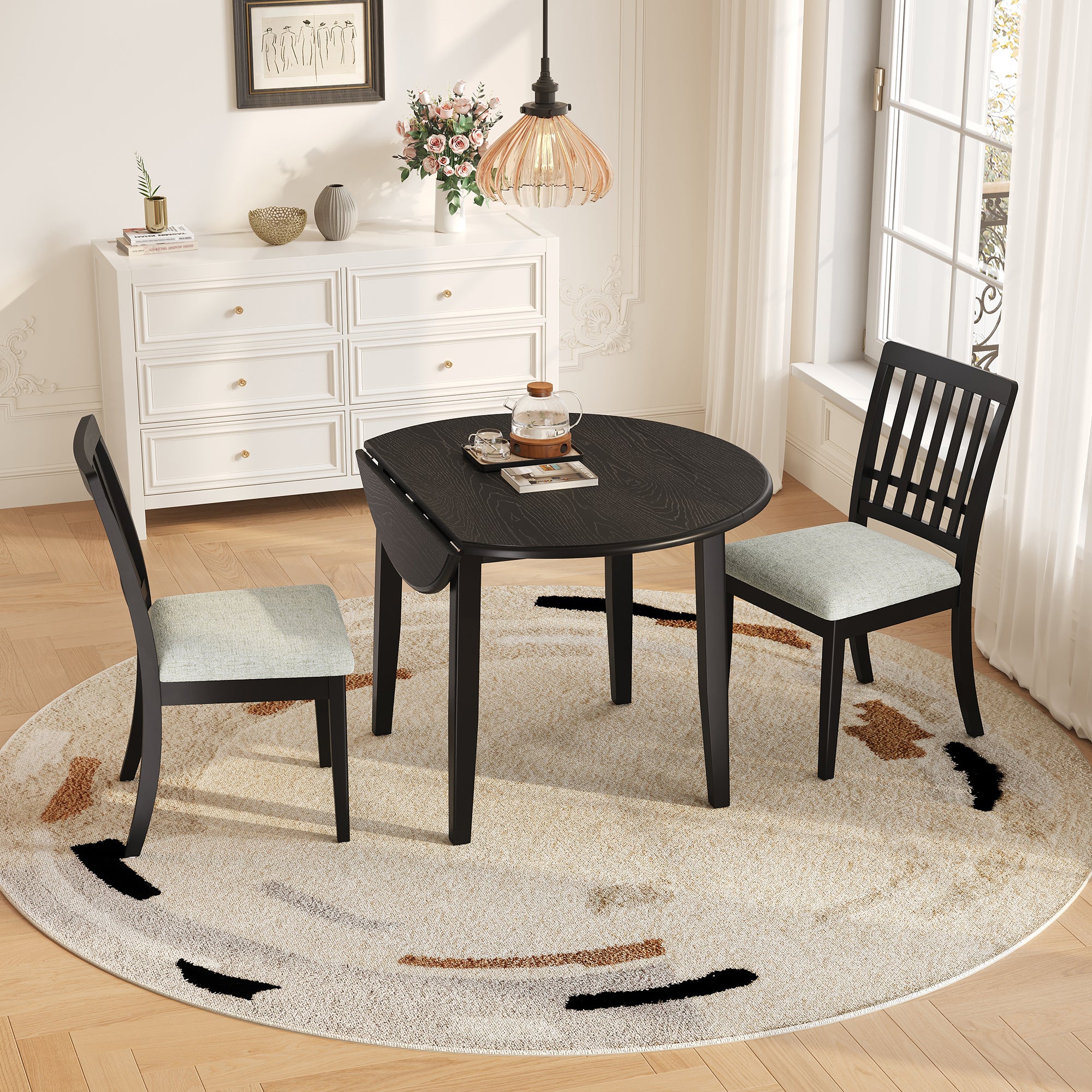 3-Piece Round Dining Table Set for 2 People, 1 Folding Wood Dining Table + 2 Upholstered Chairs, Space-Saving Design for Small Apartments and Dining Areas -LIGHT BROWN
