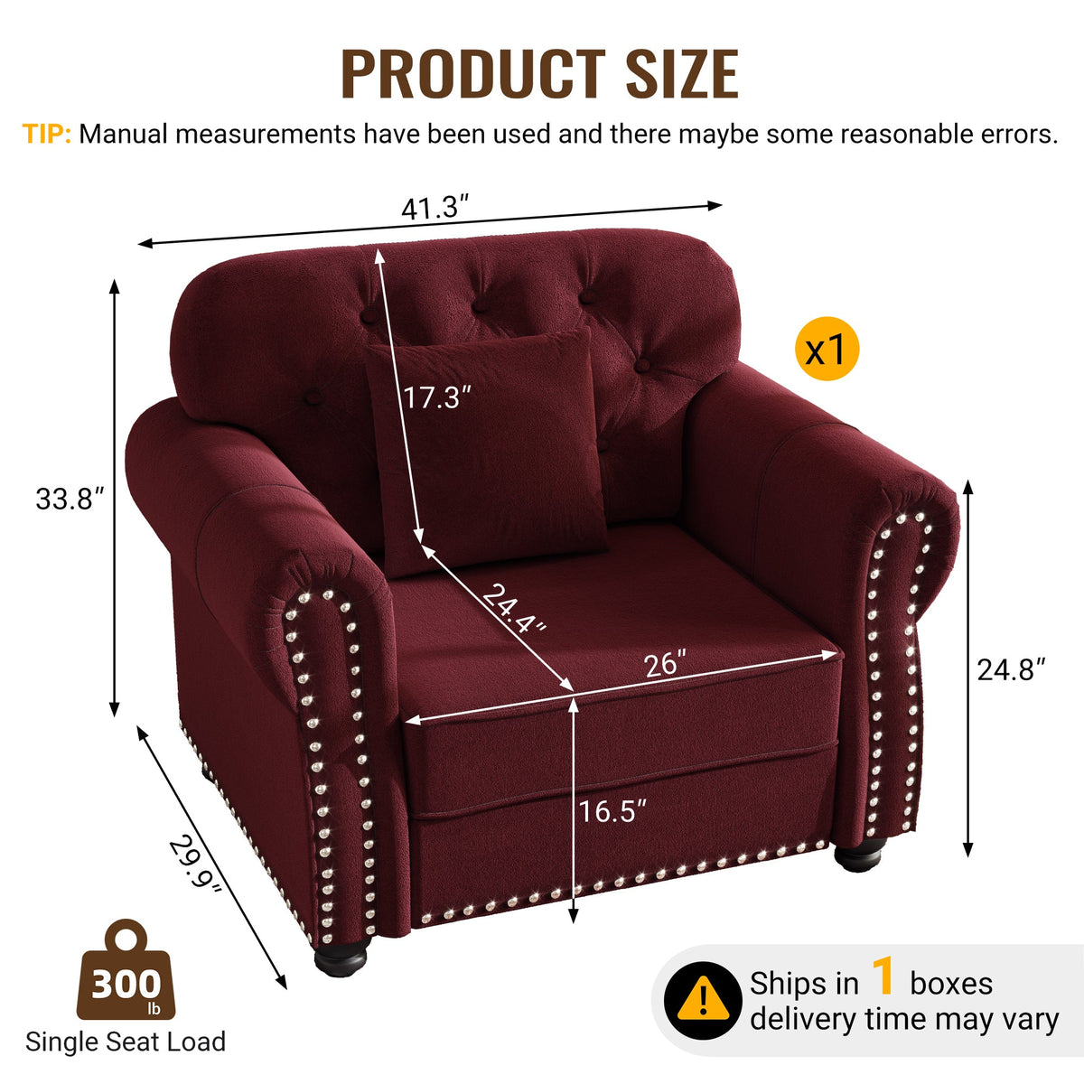 41.3'Upholstered Velvet Sofa with Nailhead Trim and Rolled Armrests,Mid-Century Modern Chesterfield Sofa with Button Tufted,Includes 1 Pillows,Brown