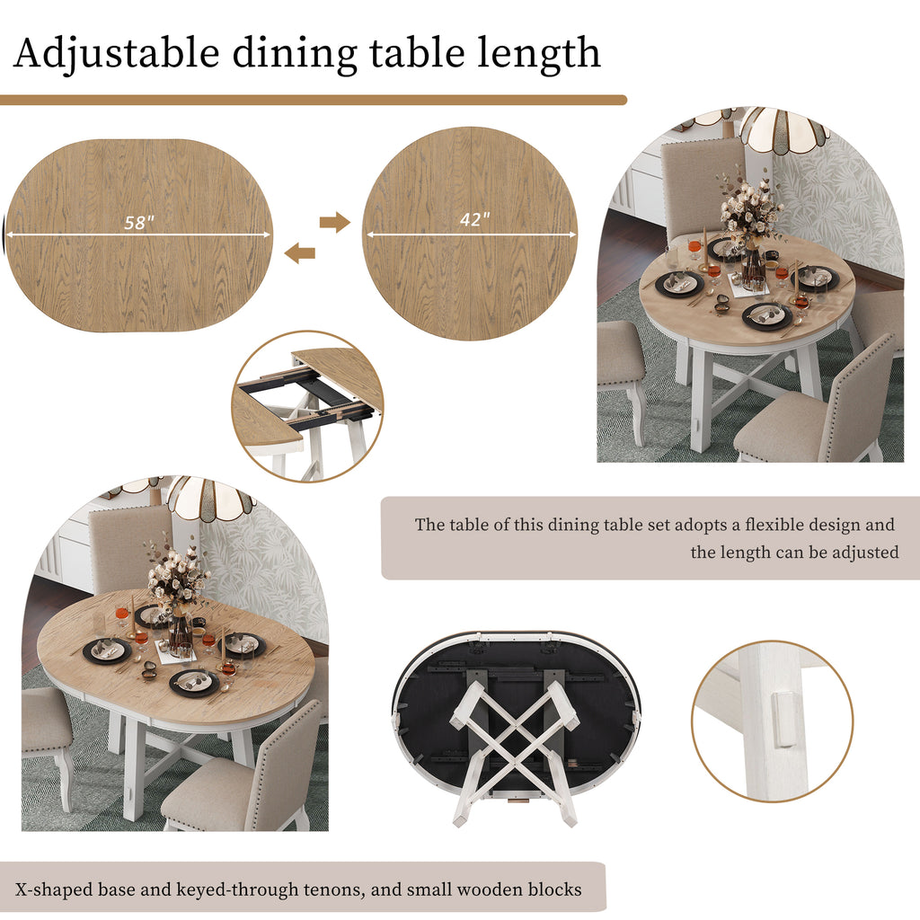 Round dining table X-shaped base antique white legs detail