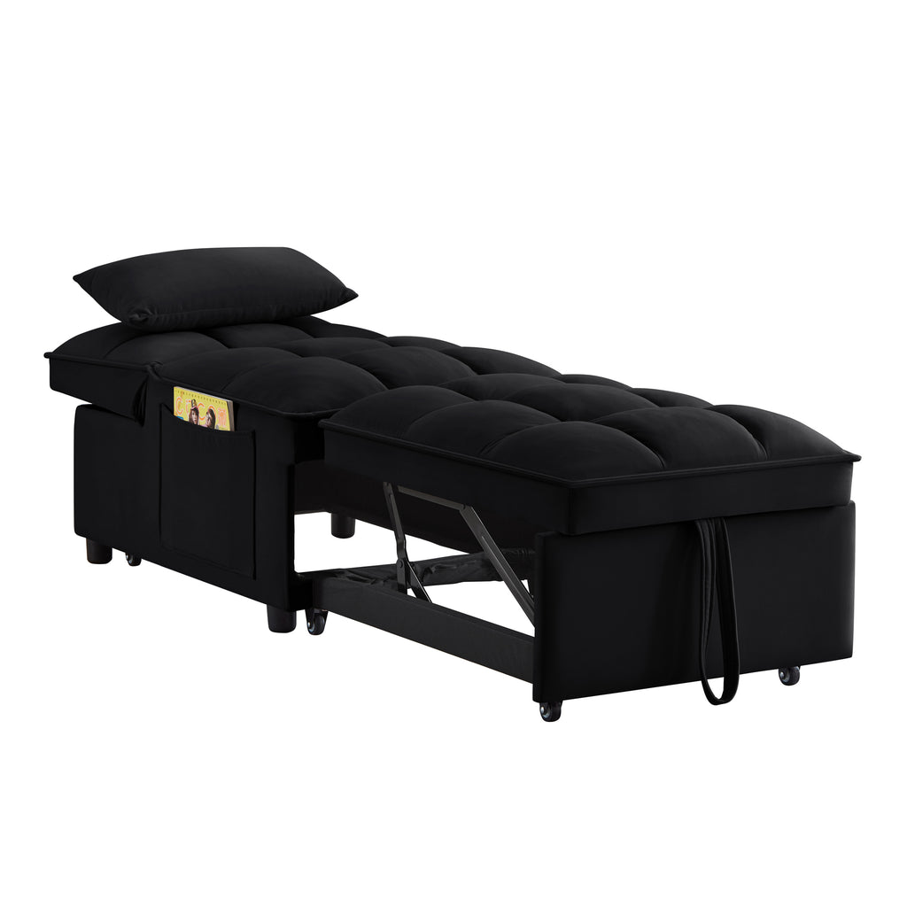 Black velvet sofa bed — side profile