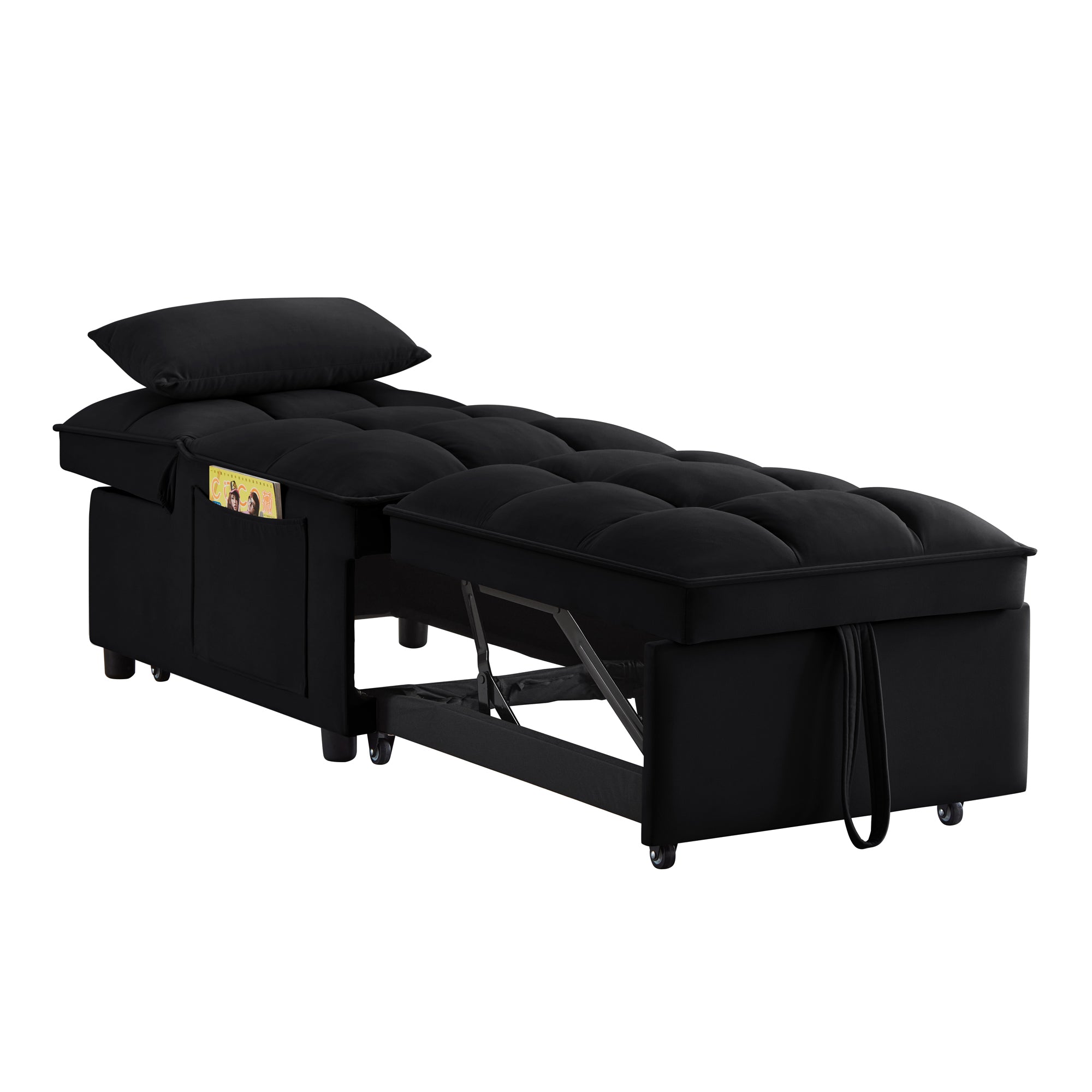 Black velvet sofa bed — side profile