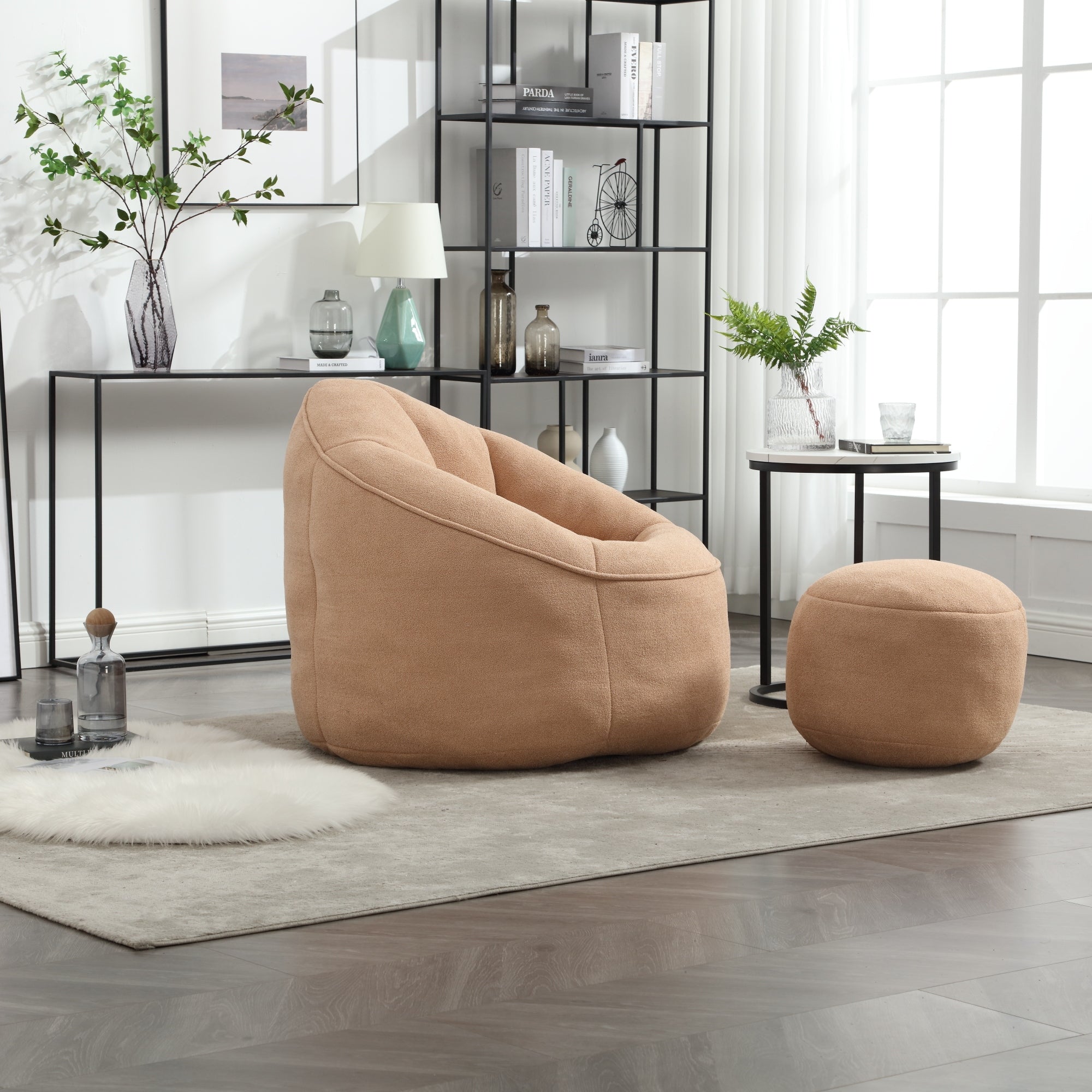 Plush tan bean bag seating — lifestyle photo