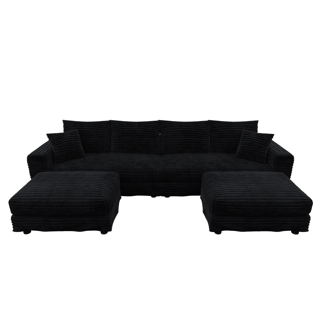 102.4 'Plush Corduroy 4-Seat Sofa,Modern Comfy Upholstered Sofa Cloud Couch,Deep Seat Couches with Soft Pillows and 3 Ottomans,Convertible Sofa Lounge Chair,Black(Old SKU:W1885S00287)