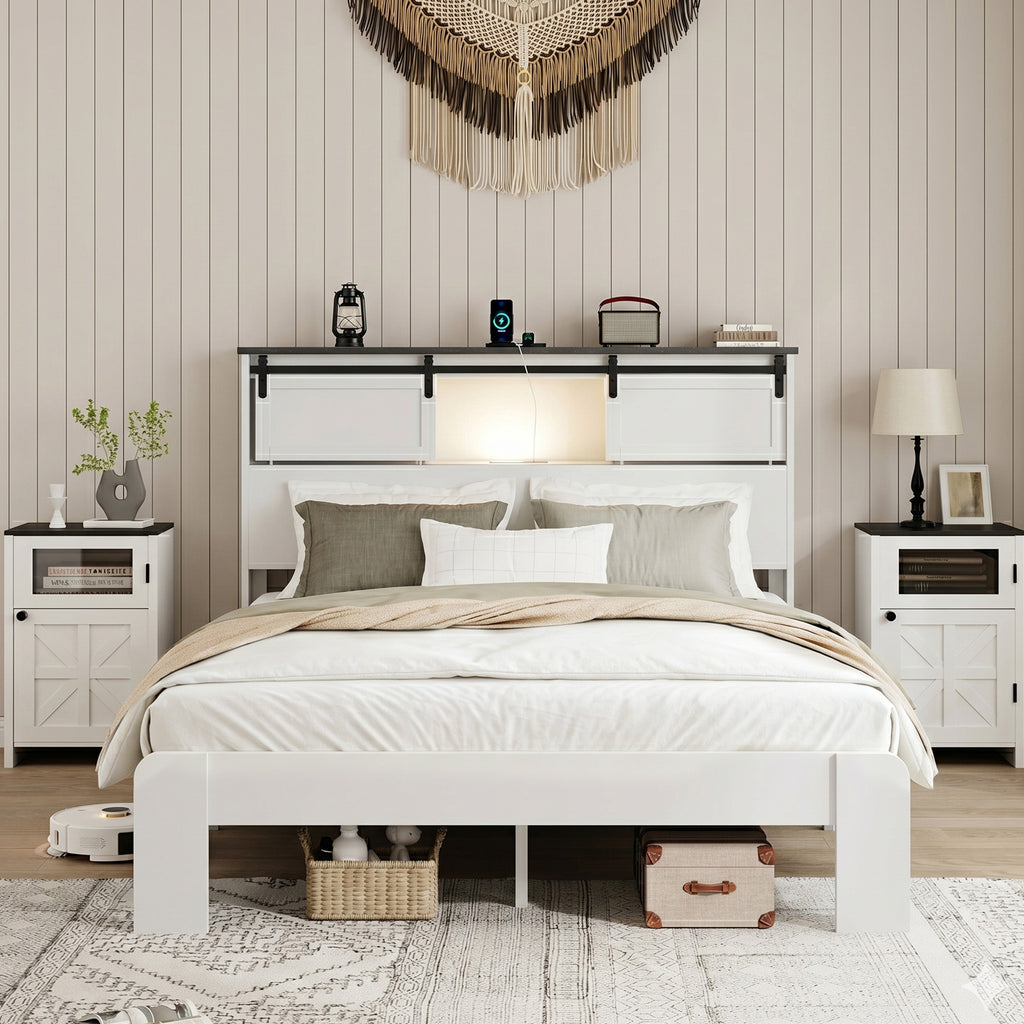 QUEEN size bed, metal bed frame with charging station, no need for box spring, (white), no noise, easy to assemble.